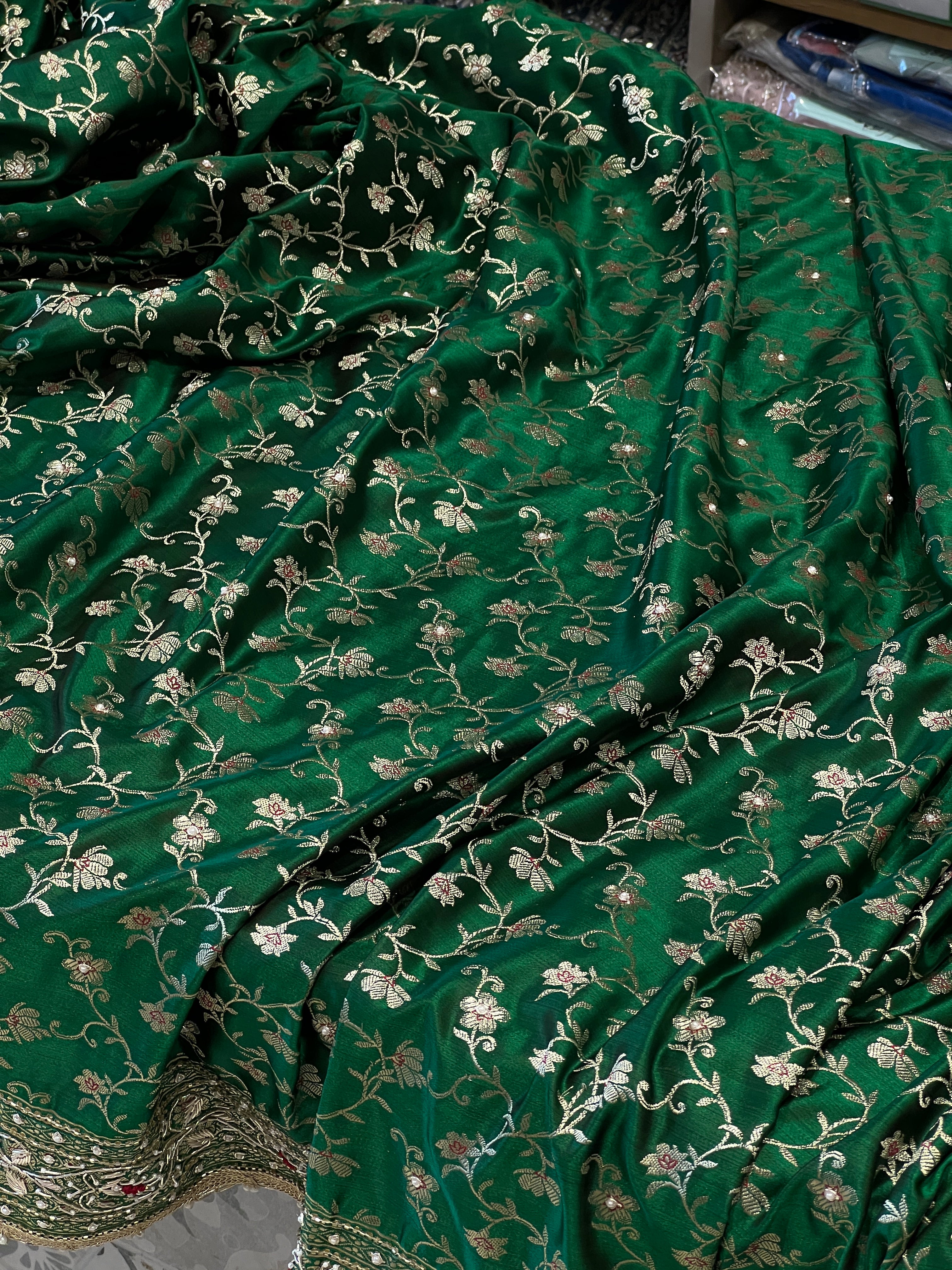 Bottle Green Banarasi Periwinkle Hand Embroidery Saree