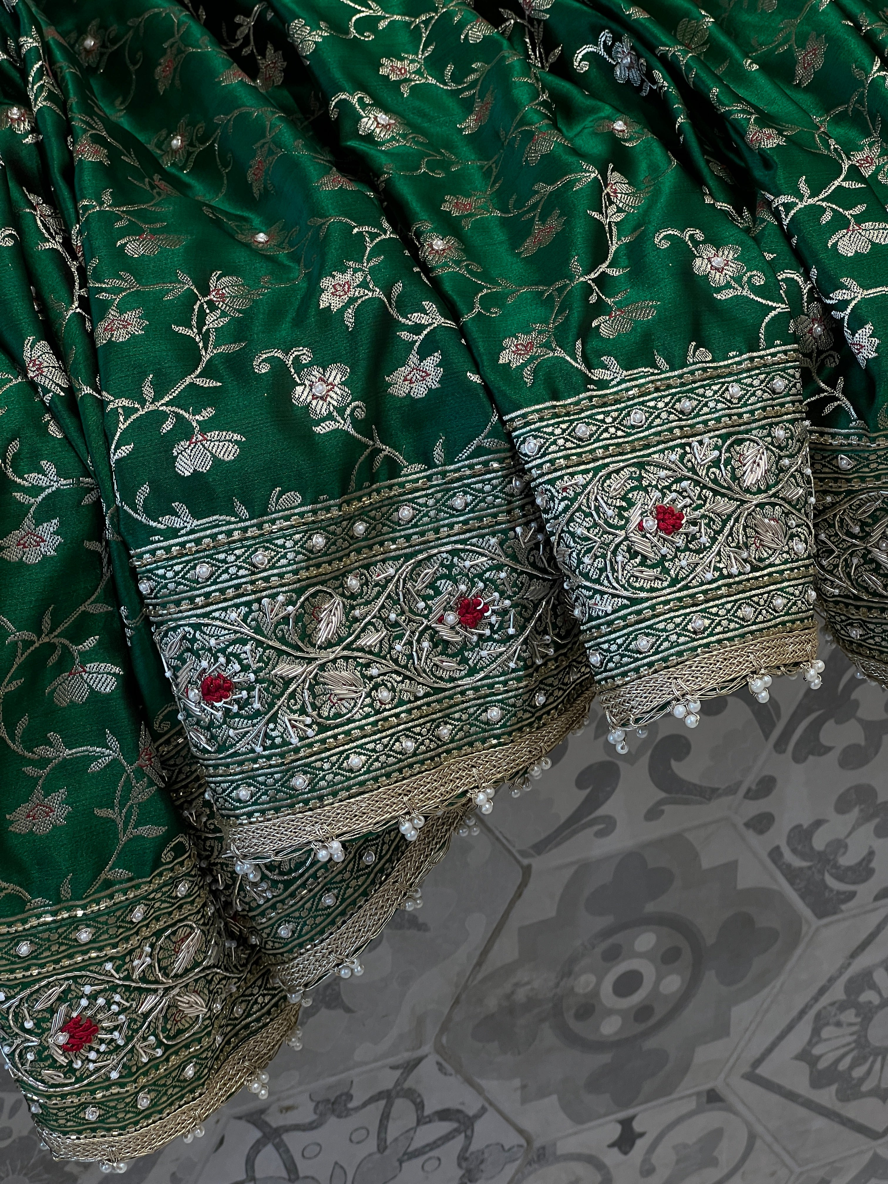 Bottle Green Banarasi Periwinkle Hand Embroidery Saree