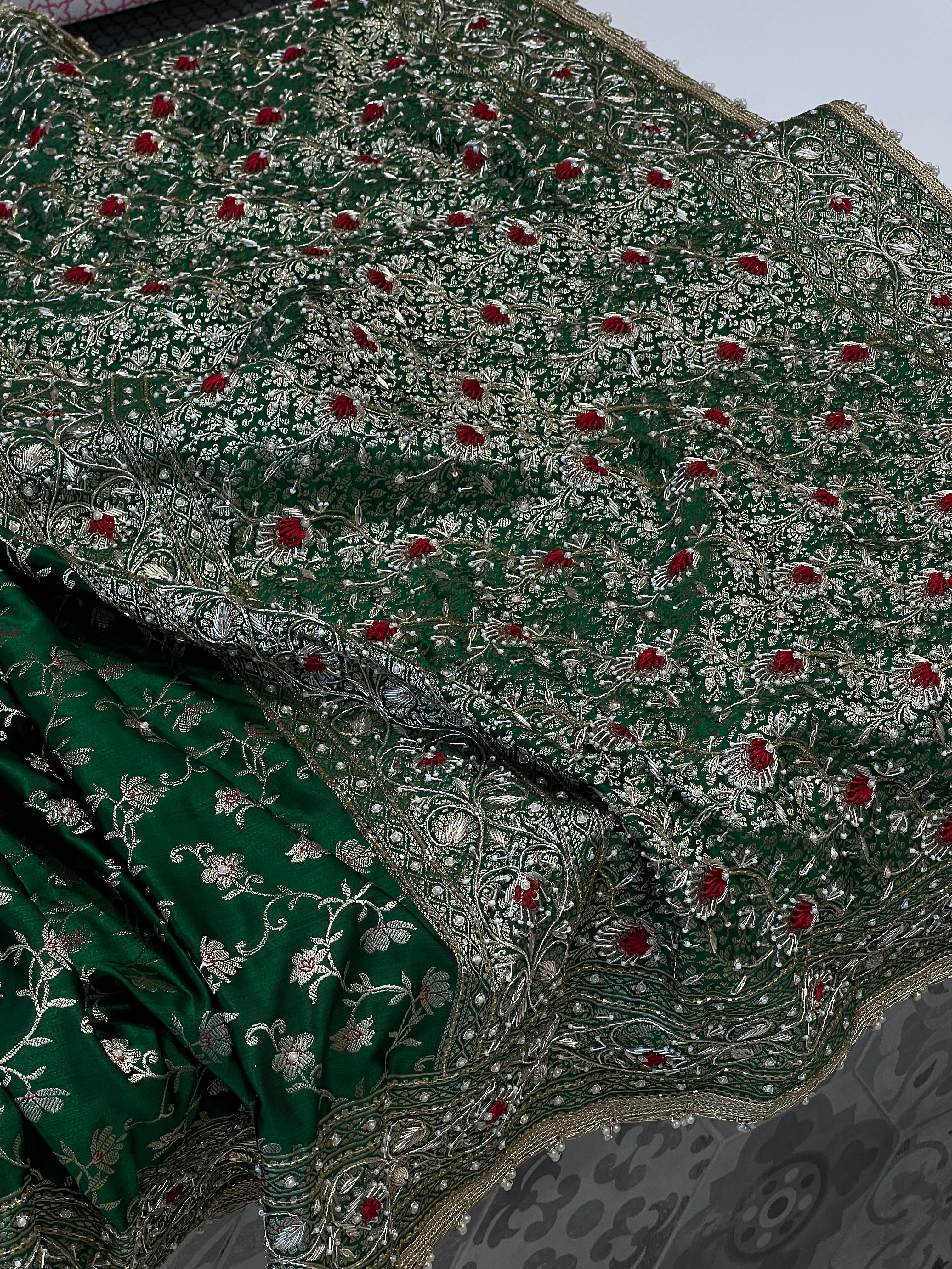 Bottle Green Banarasi Periwinkle Hand Embroidery Saree