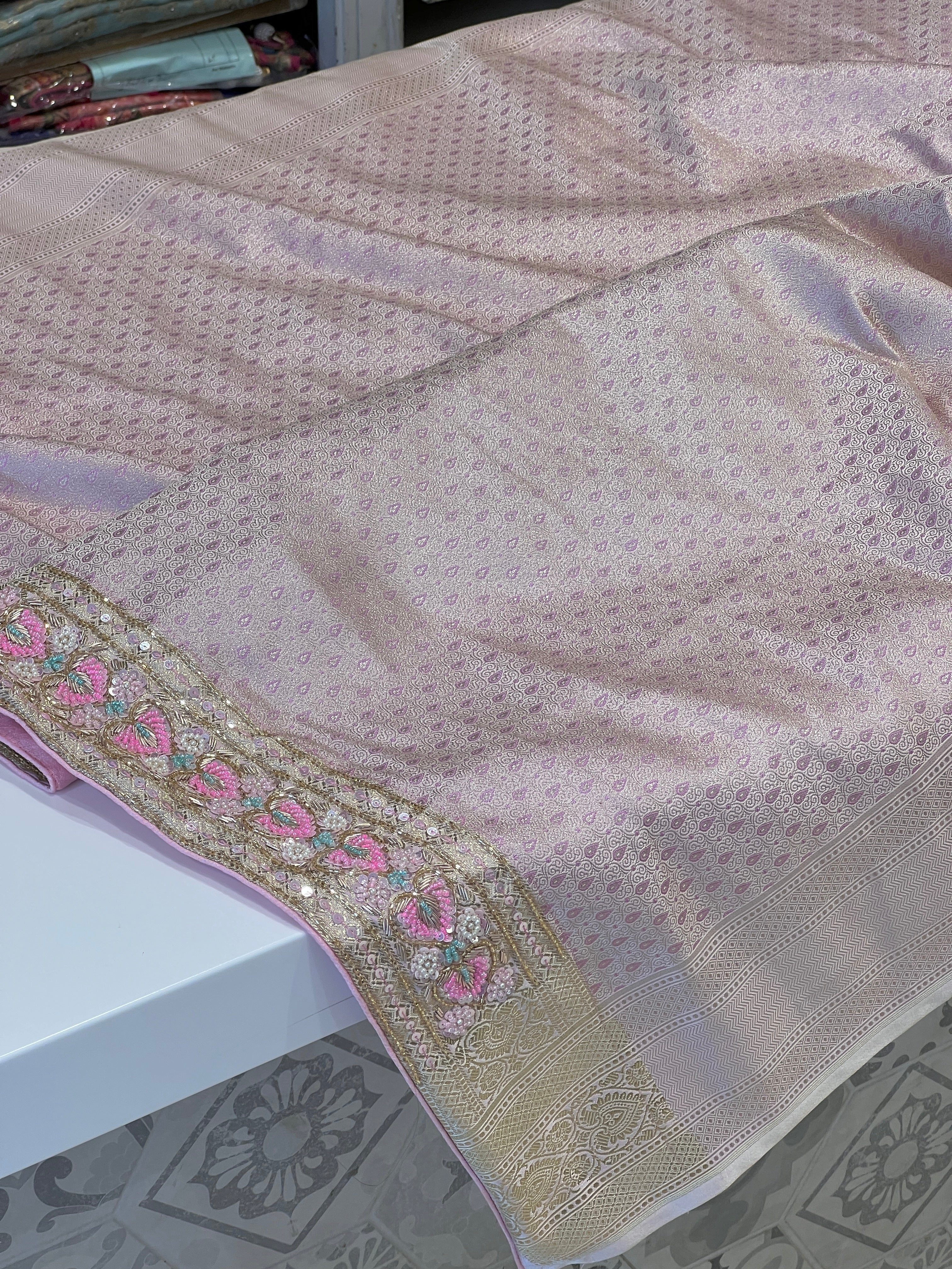 Lilac Banarasi Silk Fancy Hand Embroidered Saree