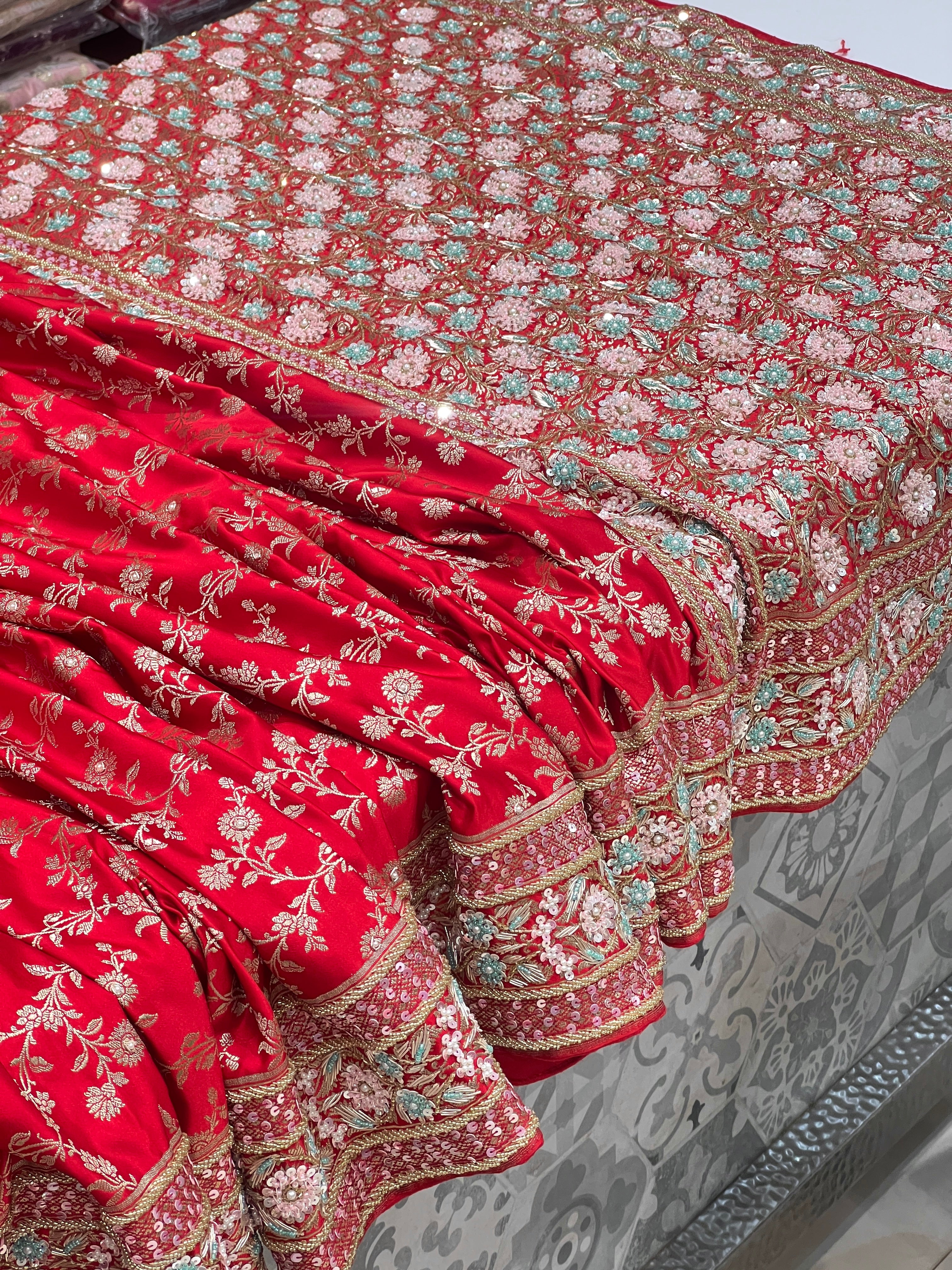 Red Banarasi Silk Flower Border Fancy Hand Embroidery Saree