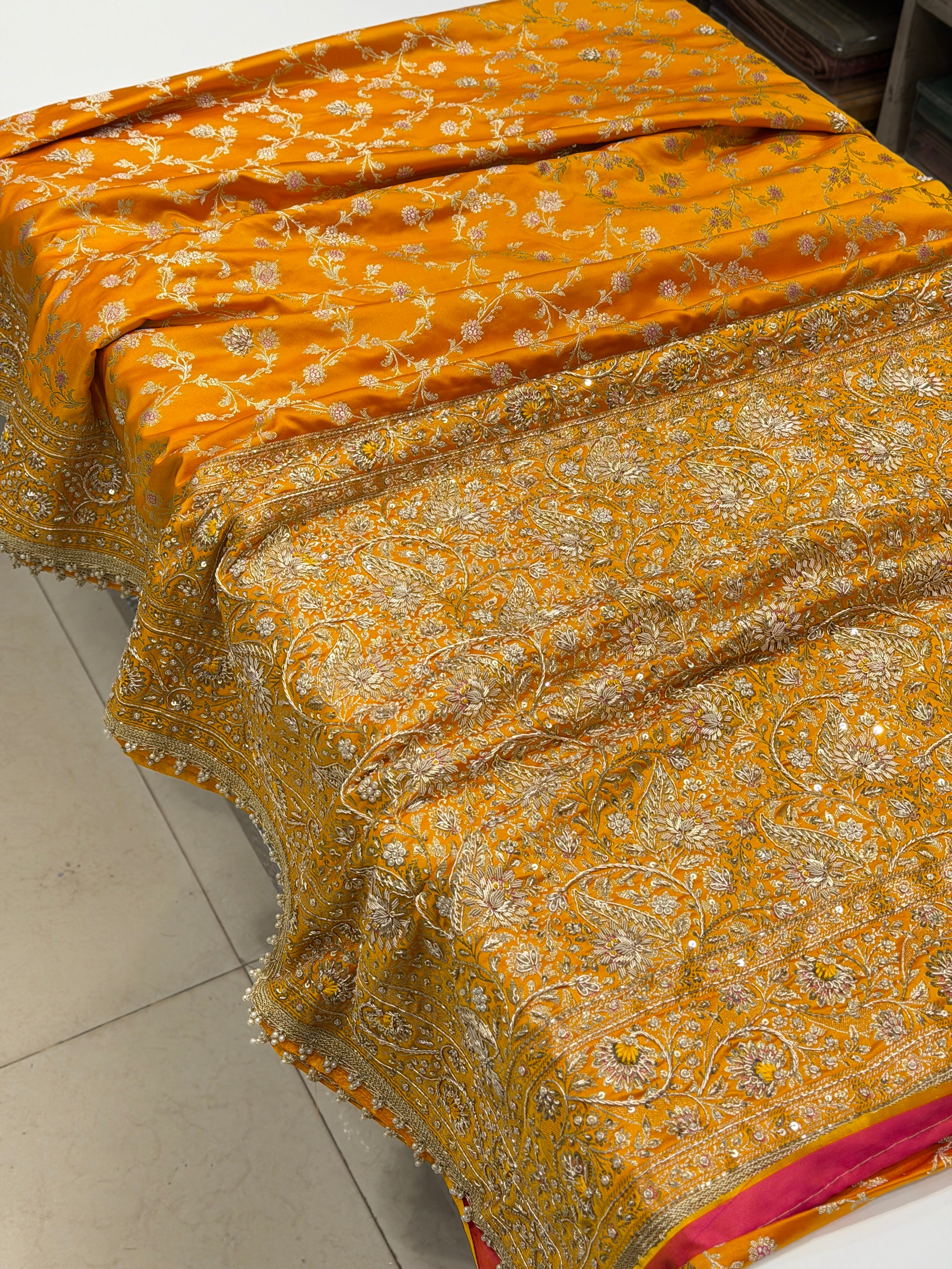 Mango Yellow Banarasi Silk Upside Down Zardozi Embroidery Saree