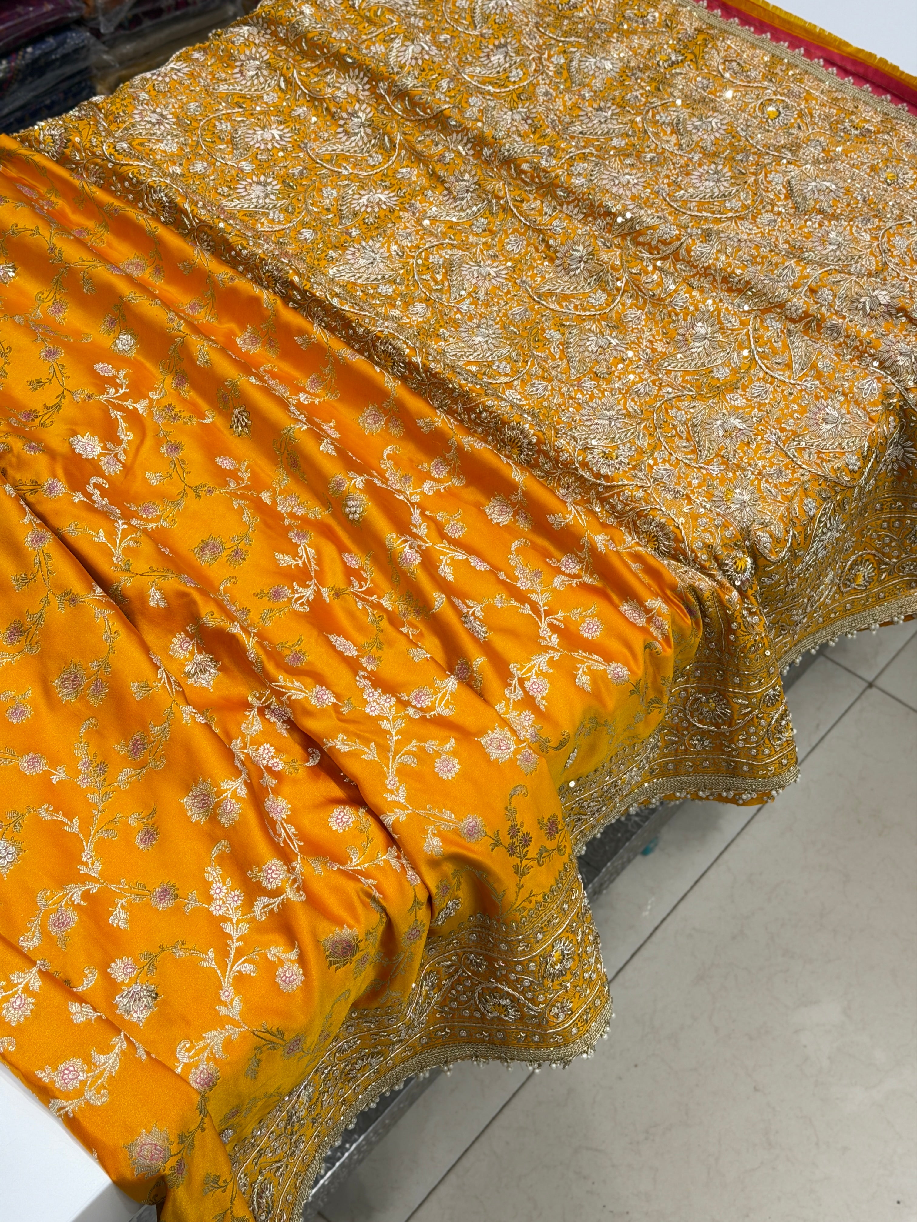 Mango Yellow Banarasi Silk Upside Down Zardozi Embroidery Saree
