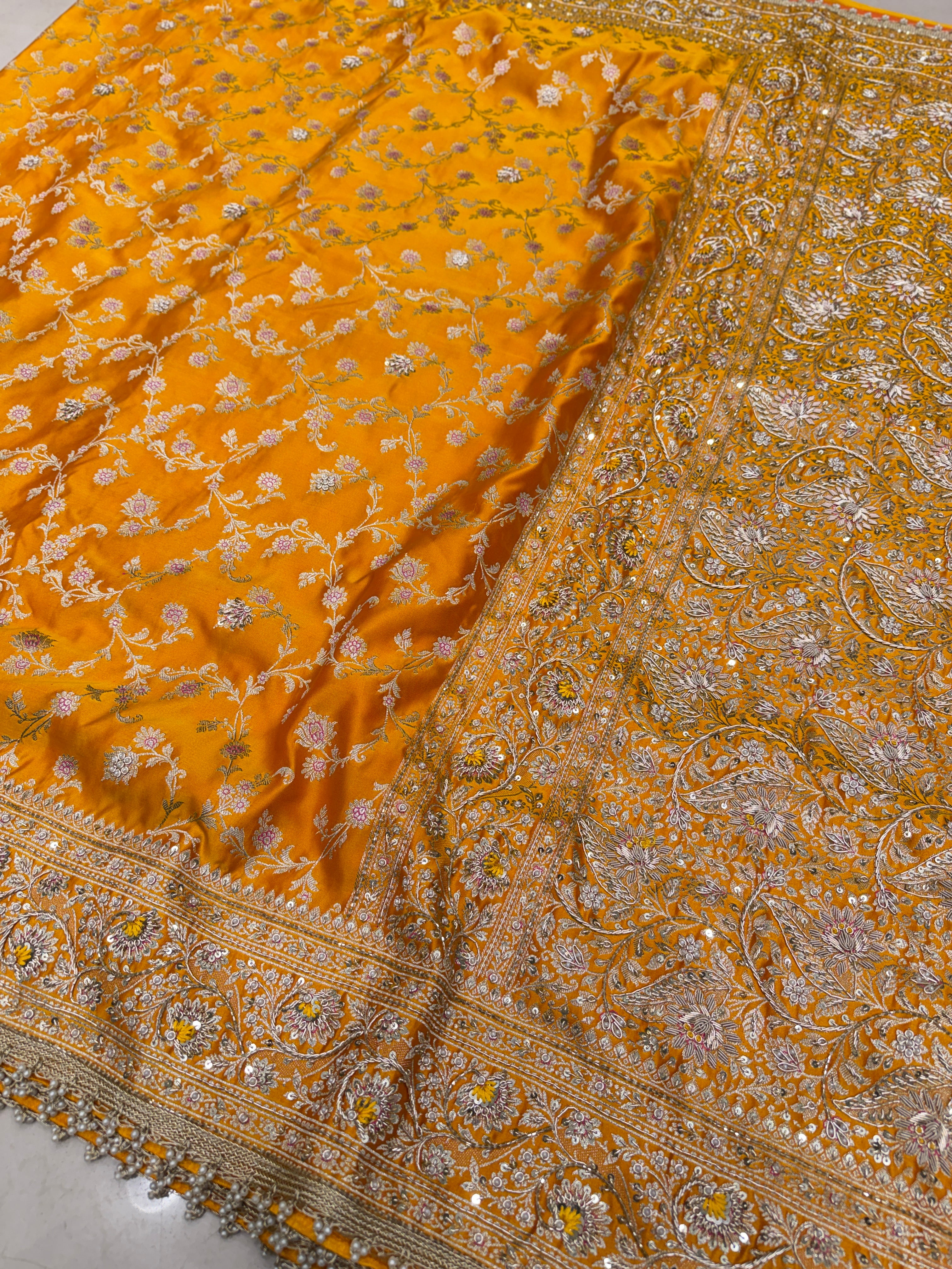 Mango Yellow Banarasi Silk Upside Down Zardozi Embroidery Saree