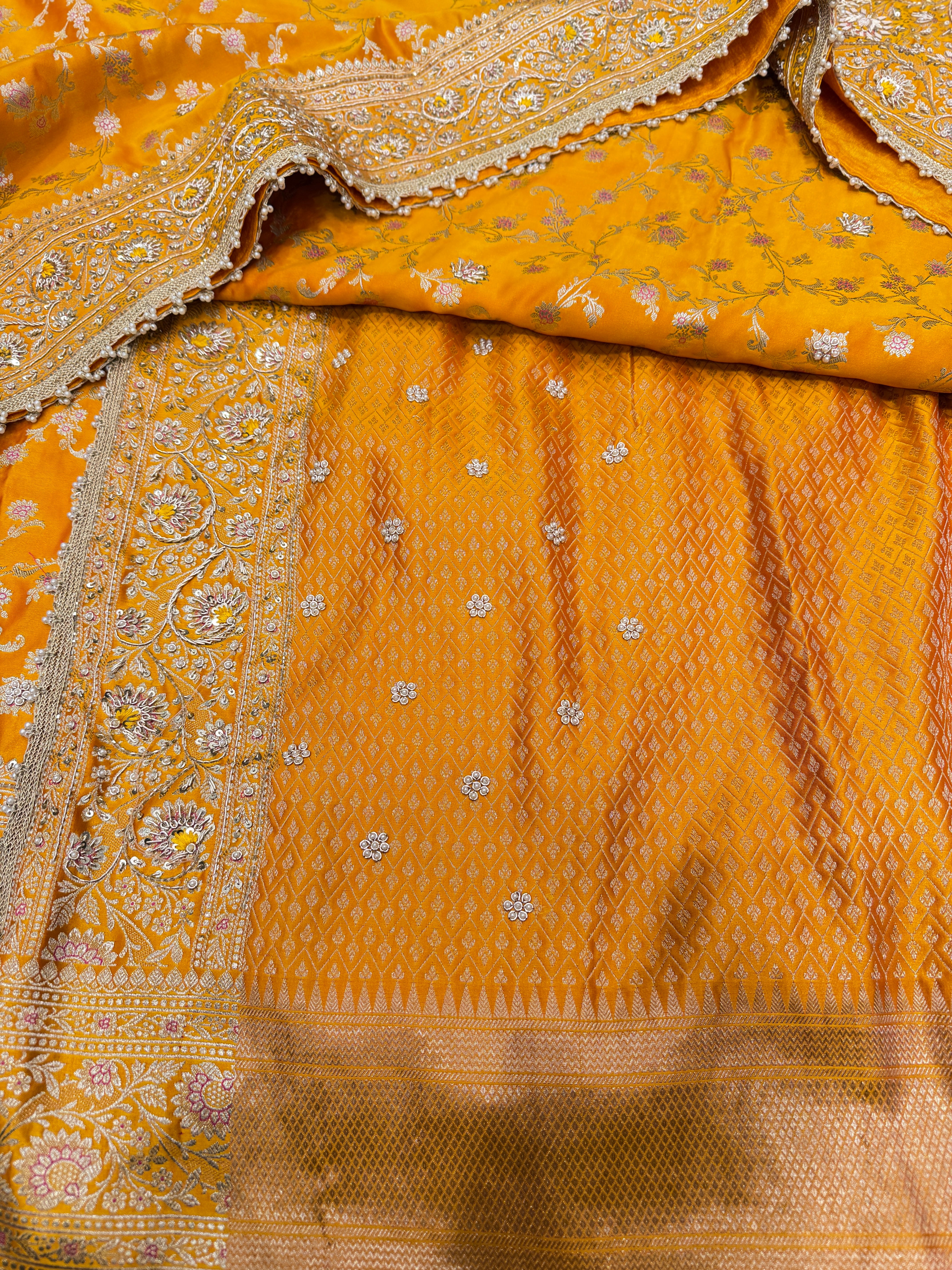 Mango Yellow Banarasi Silk Upside Down Zardozi Embroidery Saree