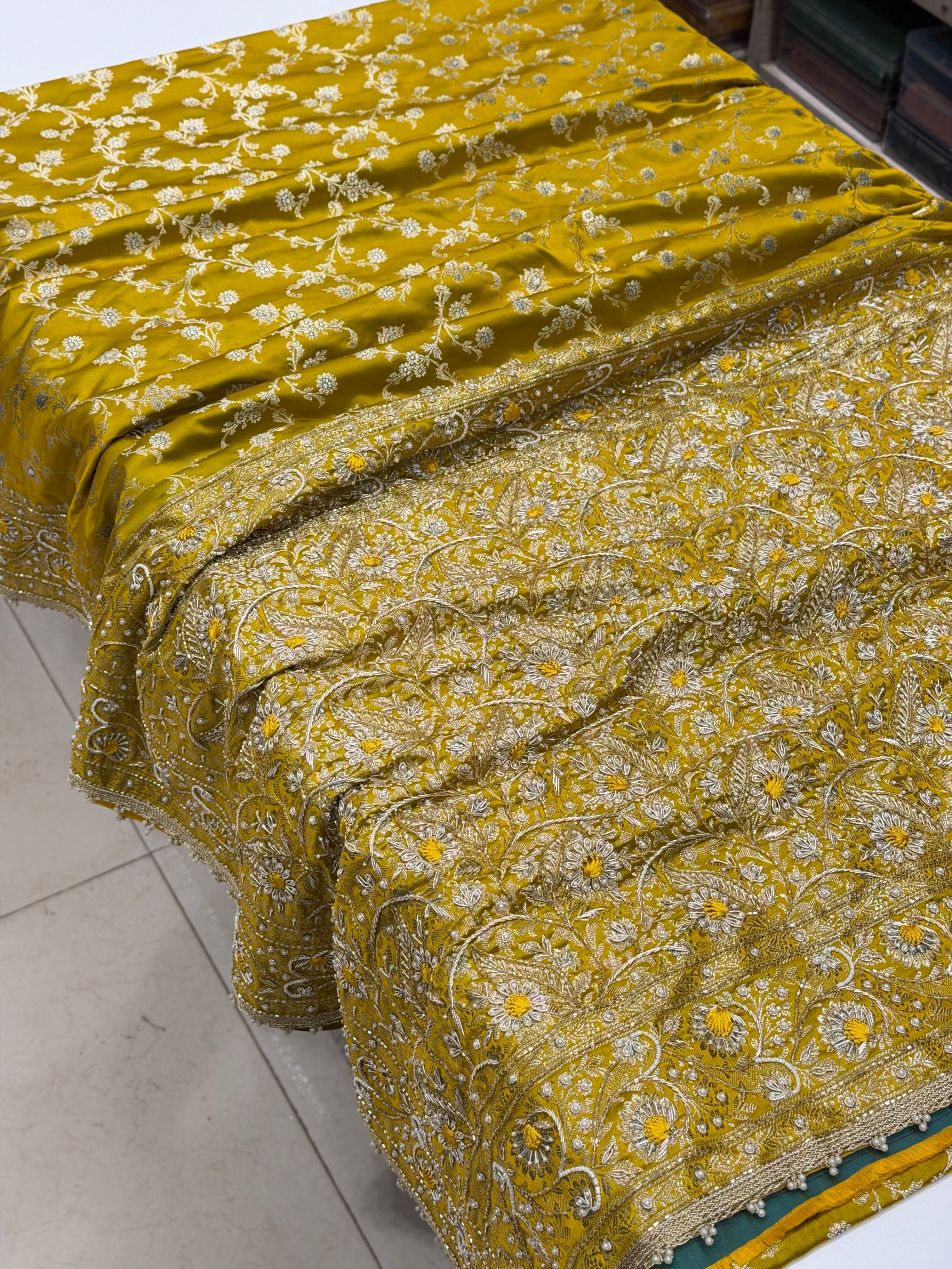 Lime Green Banarasi Silk Upside Down Border Resham Embroidery Saree