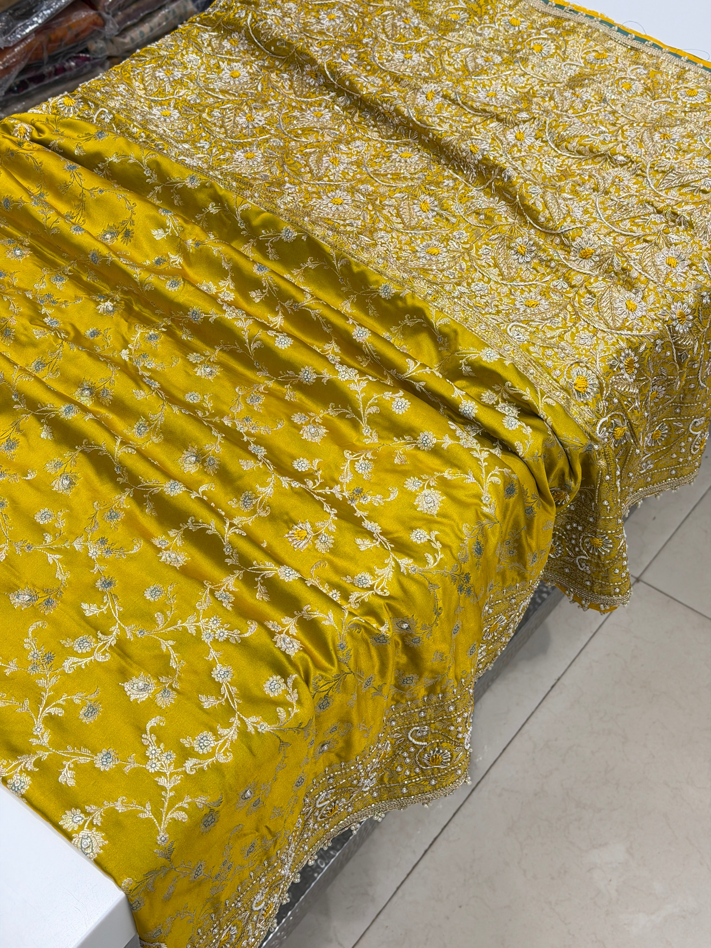 Lime Green Banarasi Silk Upside Down Border Resham Embroidery Saree