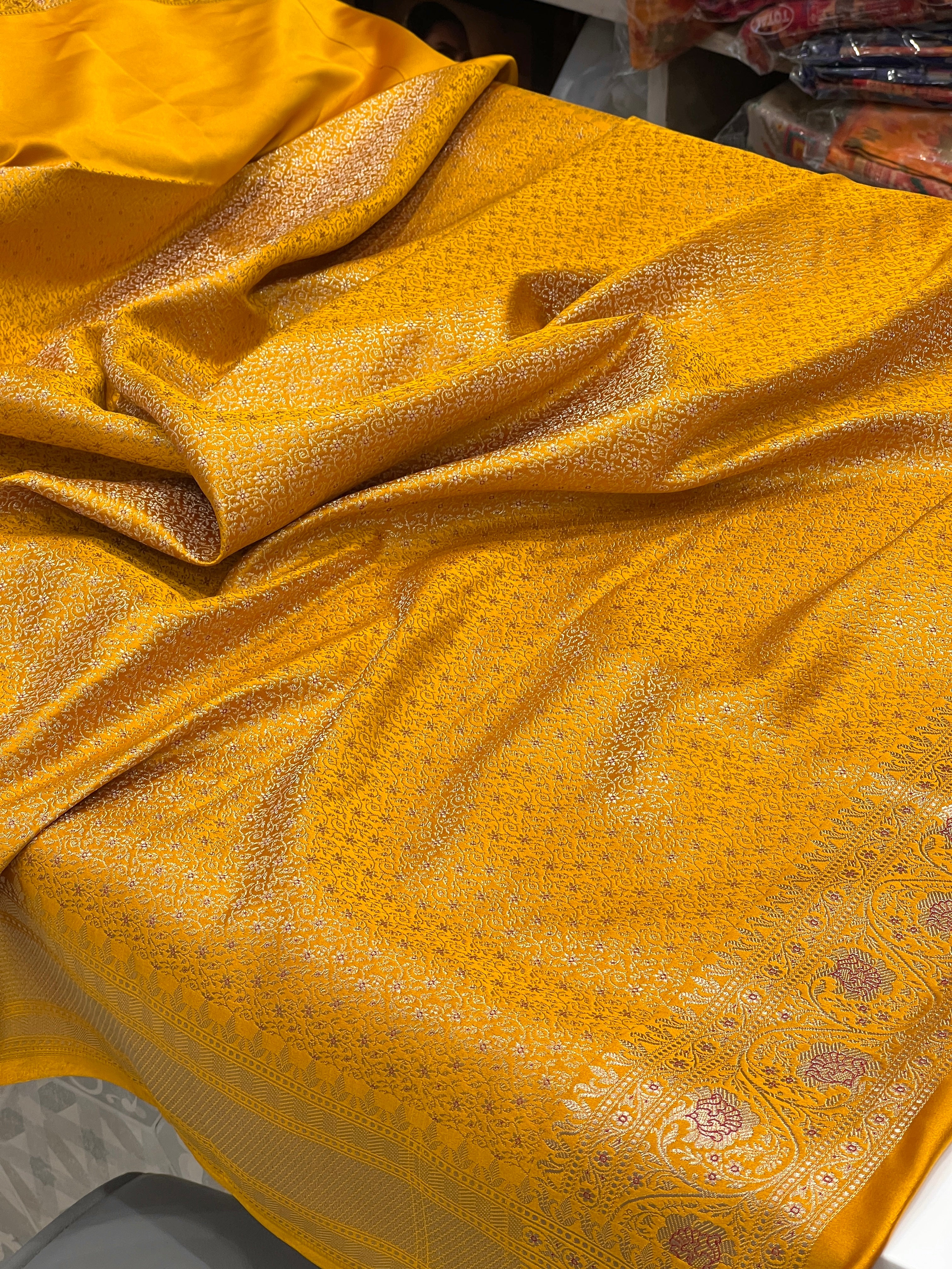 Ocher Yellow Banarasi Silk Butti Saree