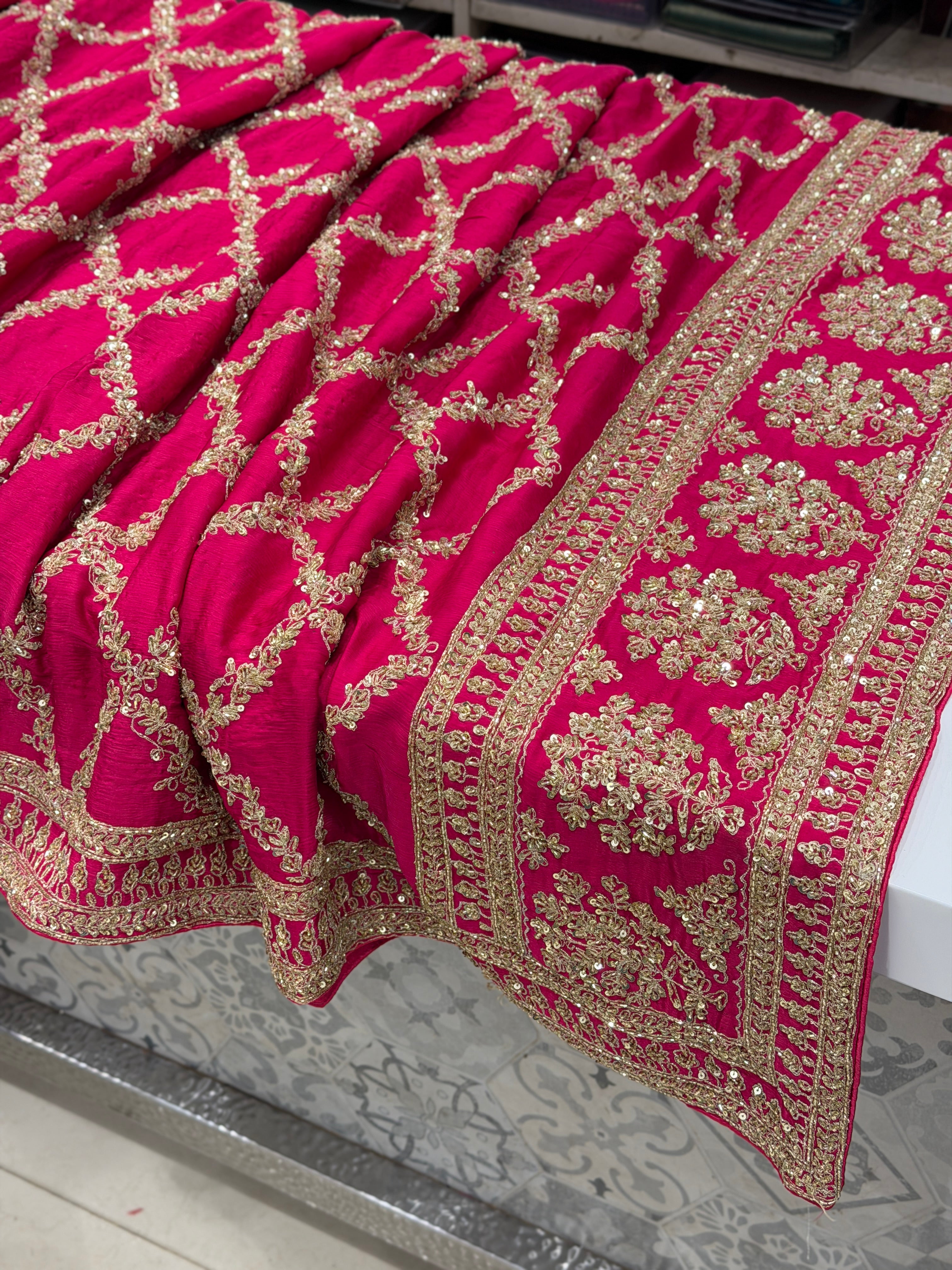 Rani Crepe Satin Sabyasachi Inspired Zardosi Jaal Embroidery Saree