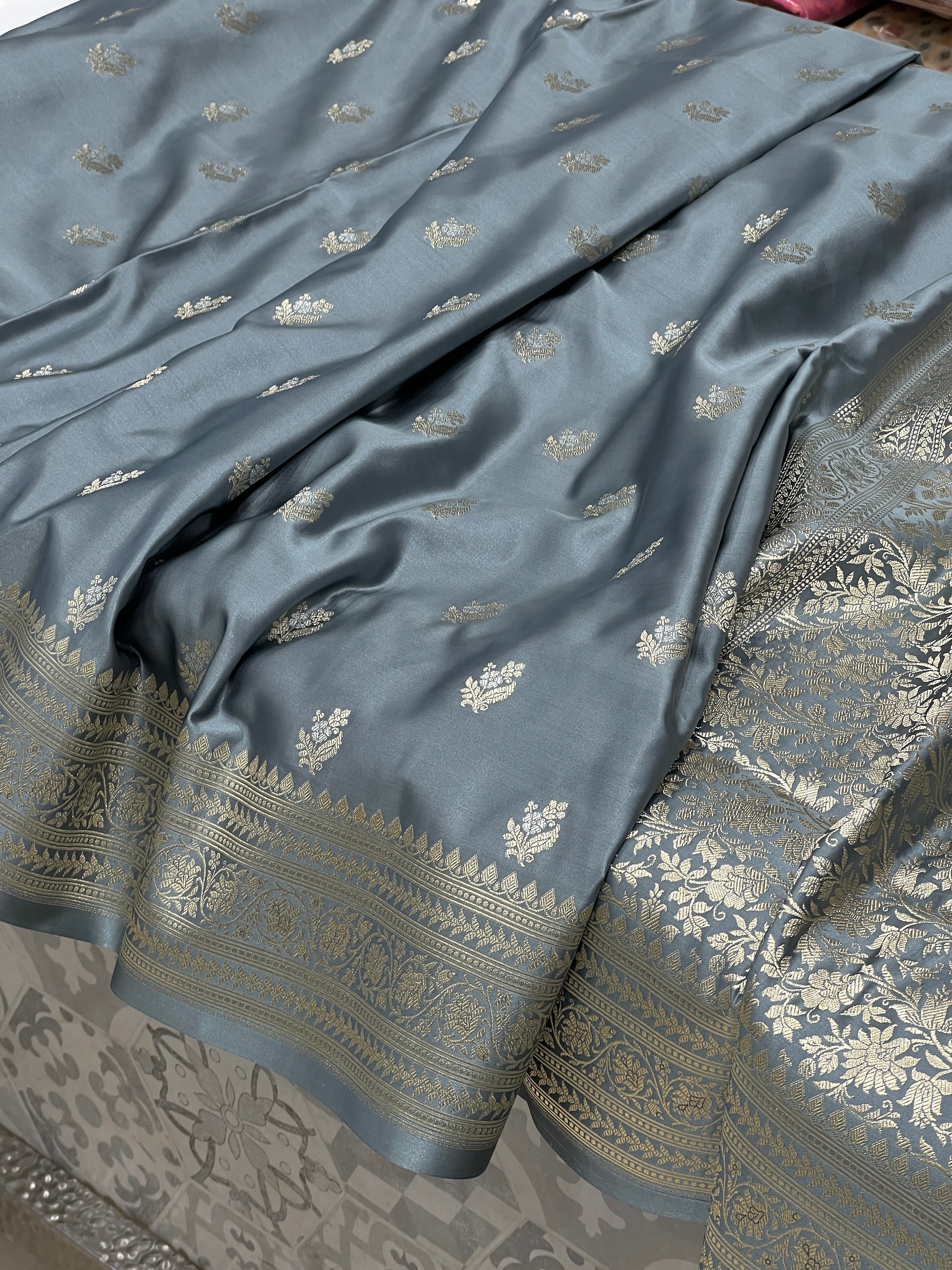 Grey Banarasi Silk Butti Saree