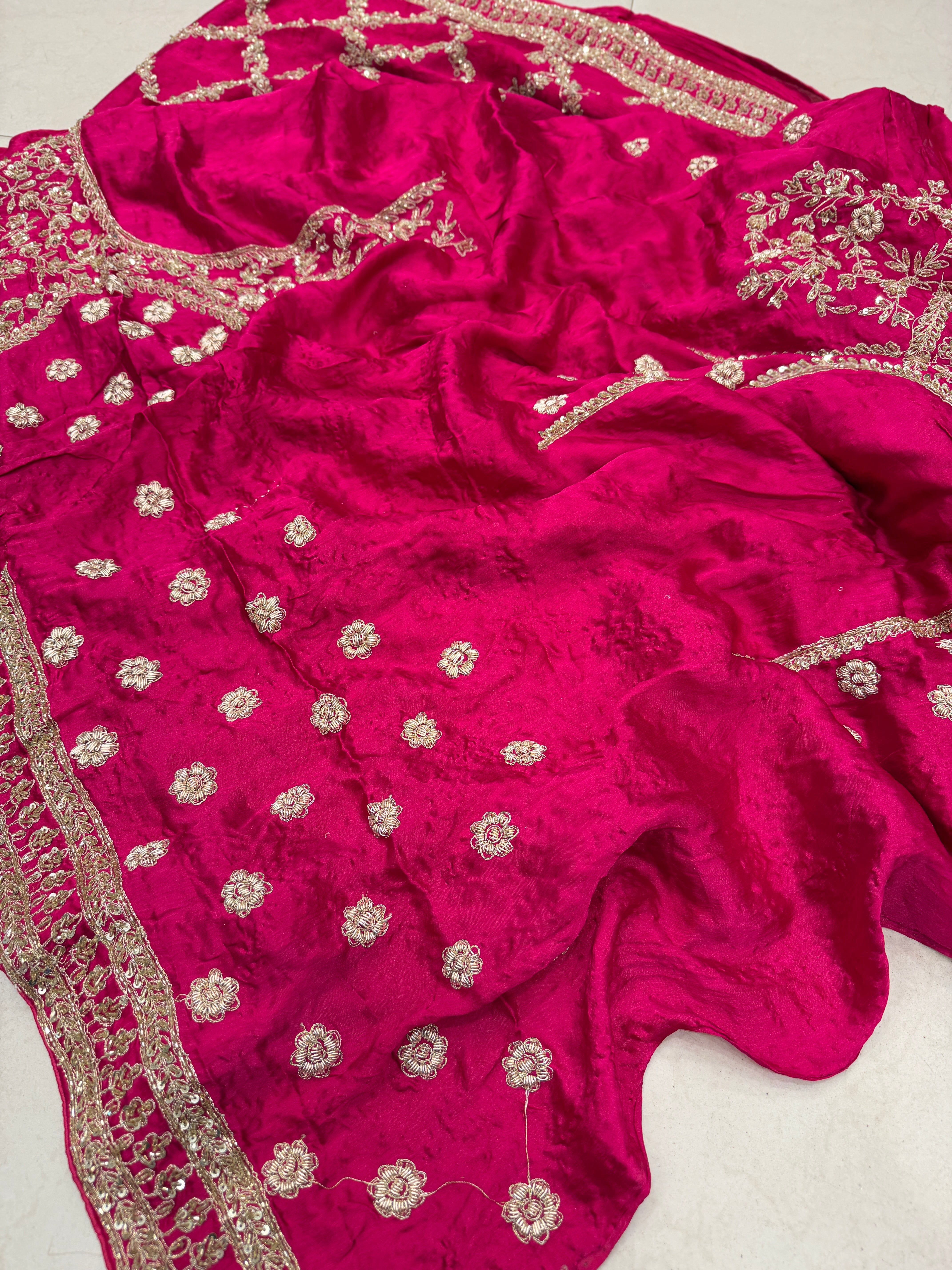 Rani Crepe Satin Sabyasachi Inspired Zardosi Jaal Embroidery Saree