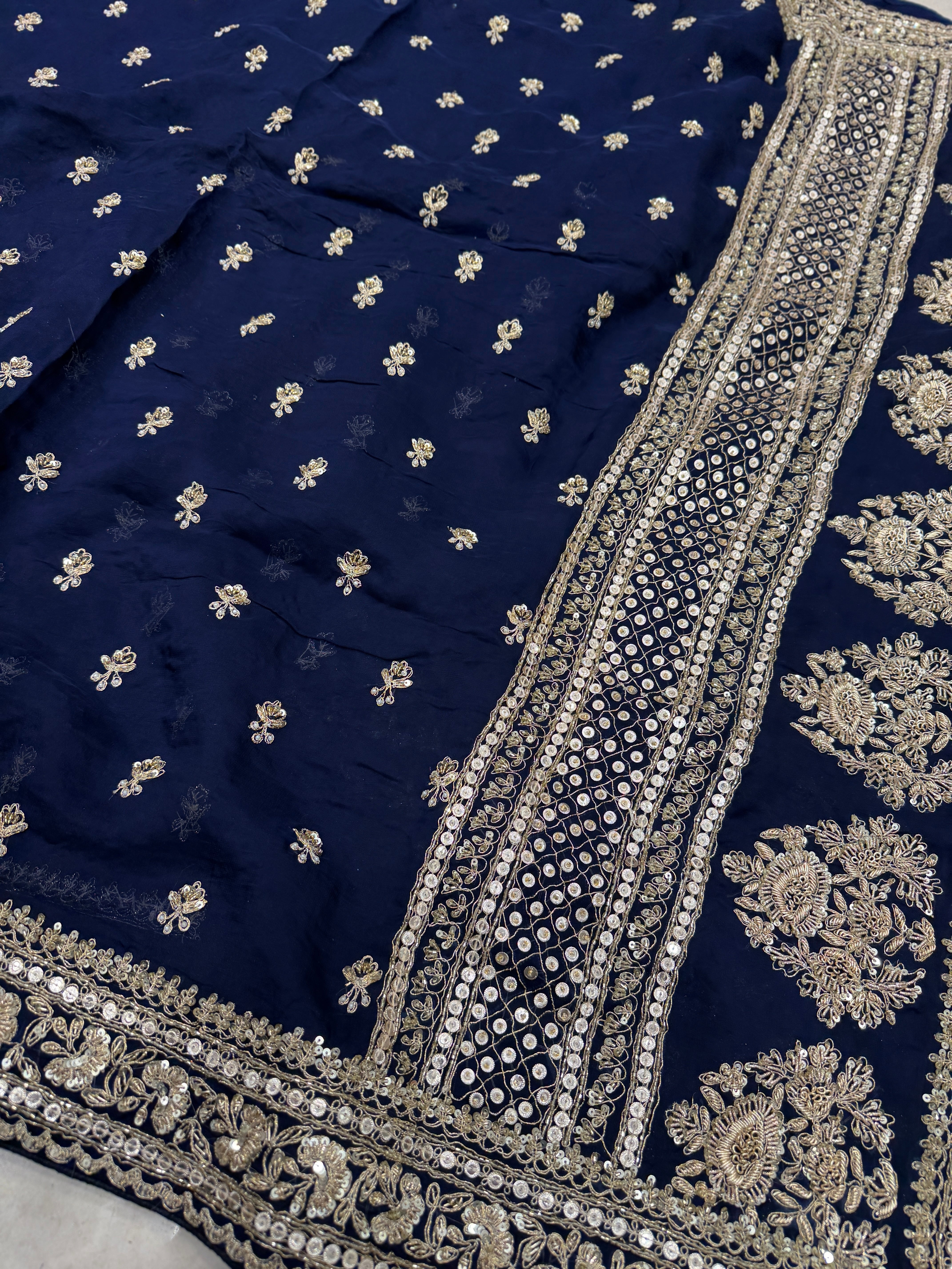 Blue Satin Organza Sabyasachi Inspired Zardozi Butti Saree