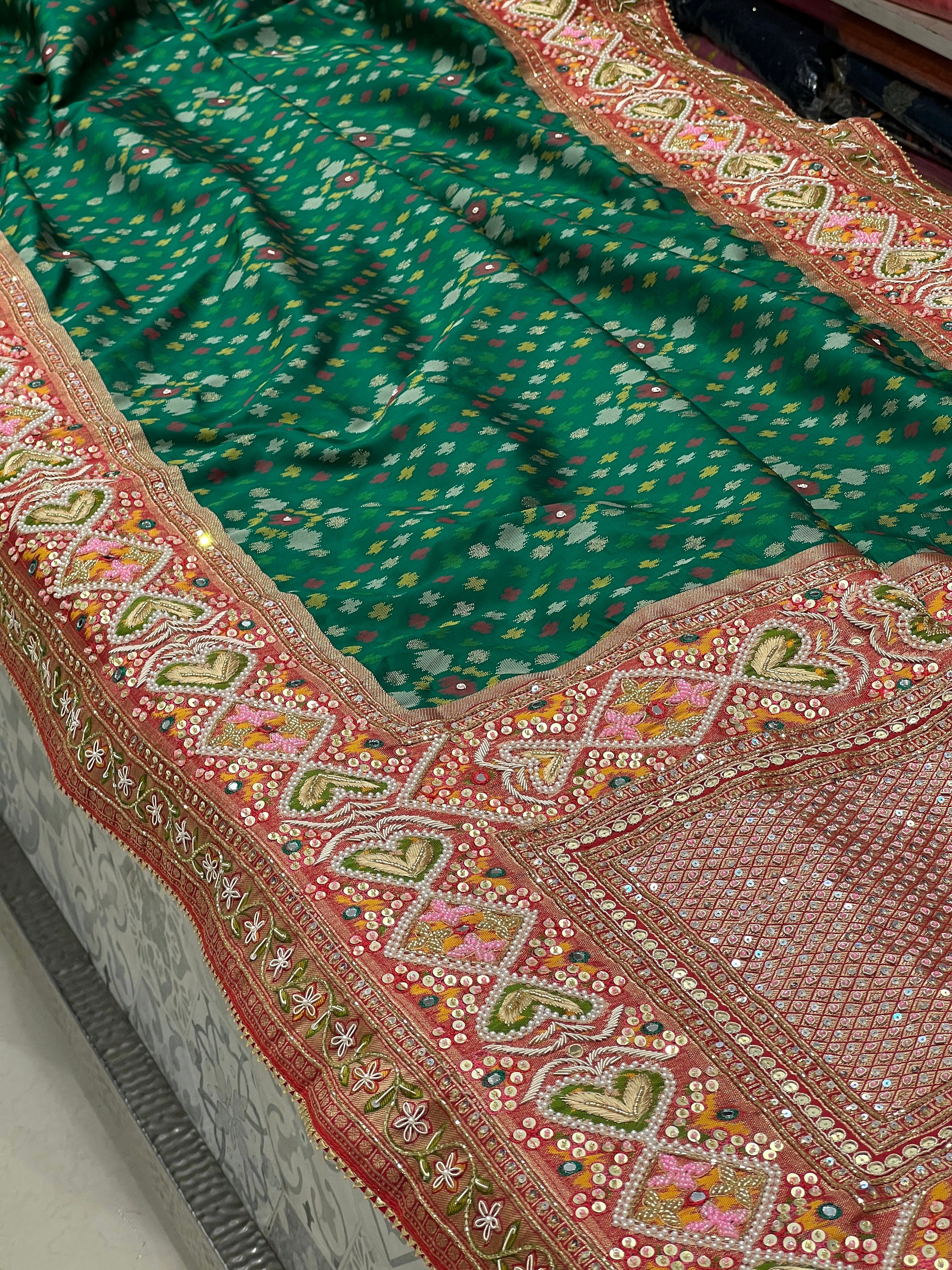 Green Patola Hand Embroidery Saree