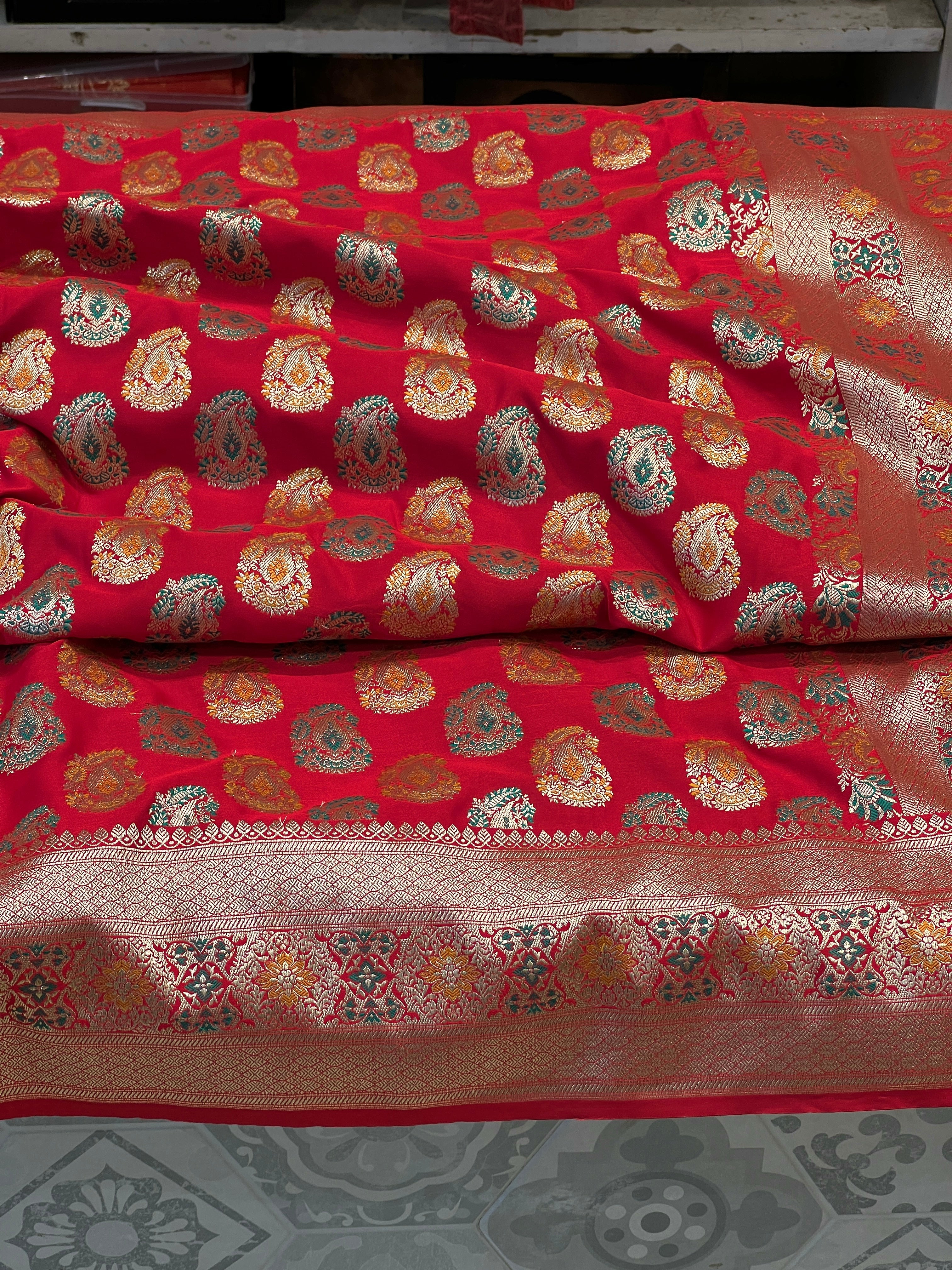 Red Banarasi Silk Meena Butta Saree