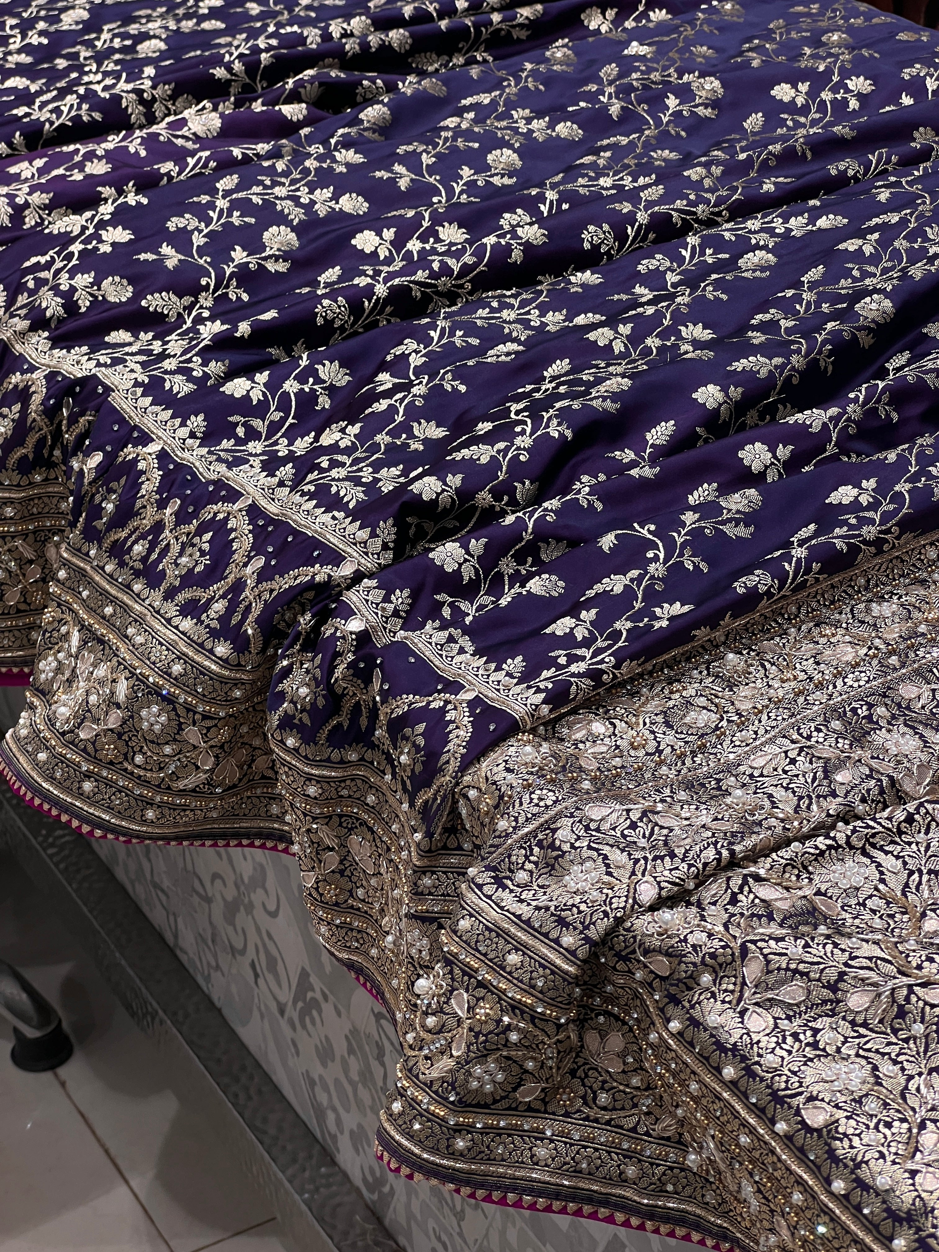 Blueish Purple Dhup Chav Banarasi Hand Embroidery Saree