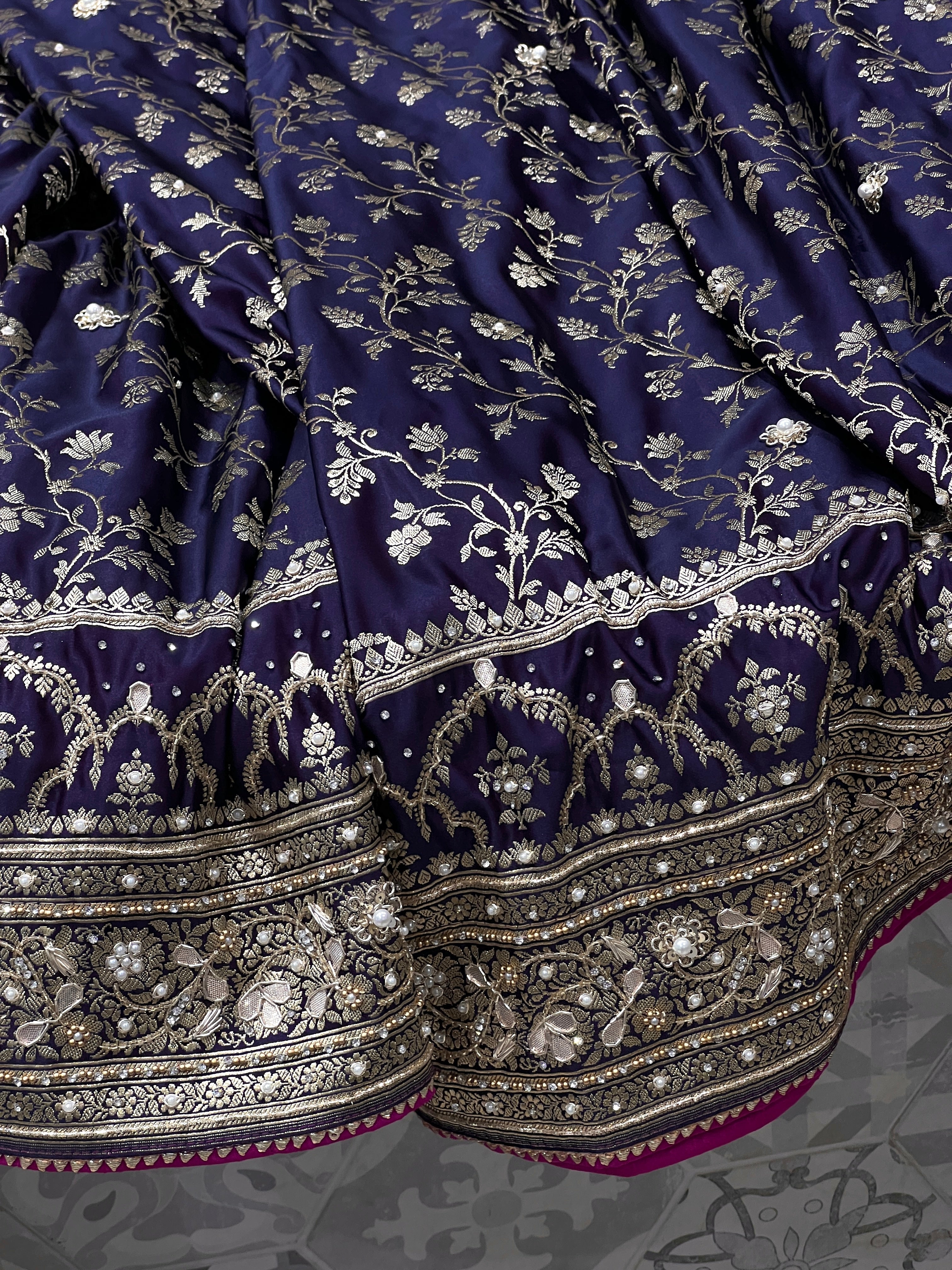 Blueish Purple Dhup Chav Banarasi Hand Embroidery Saree