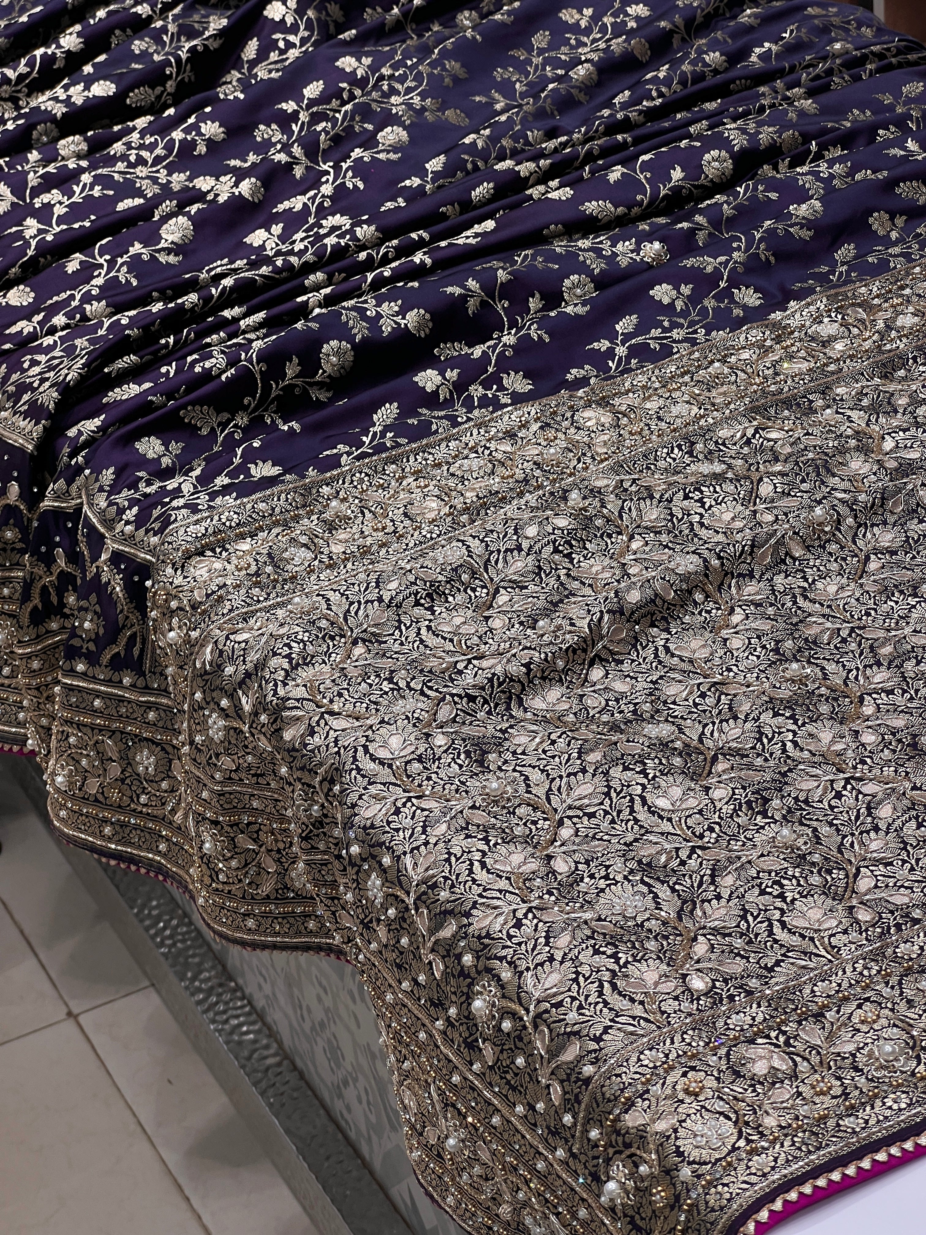 Blueish Purple Dhup Chav Banarasi Hand Embroidery Saree