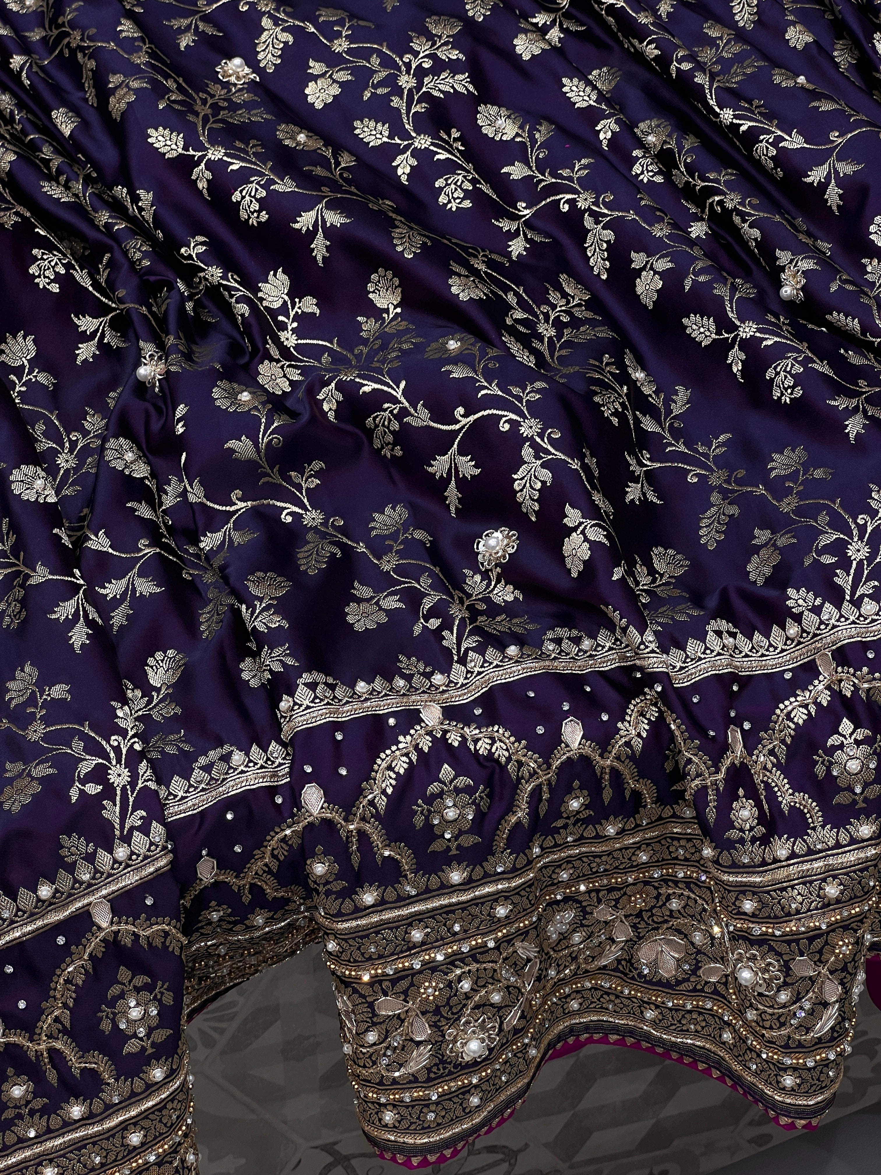 Blueish Purple Dhup Chav Banarasi Hand Embroidery Saree
