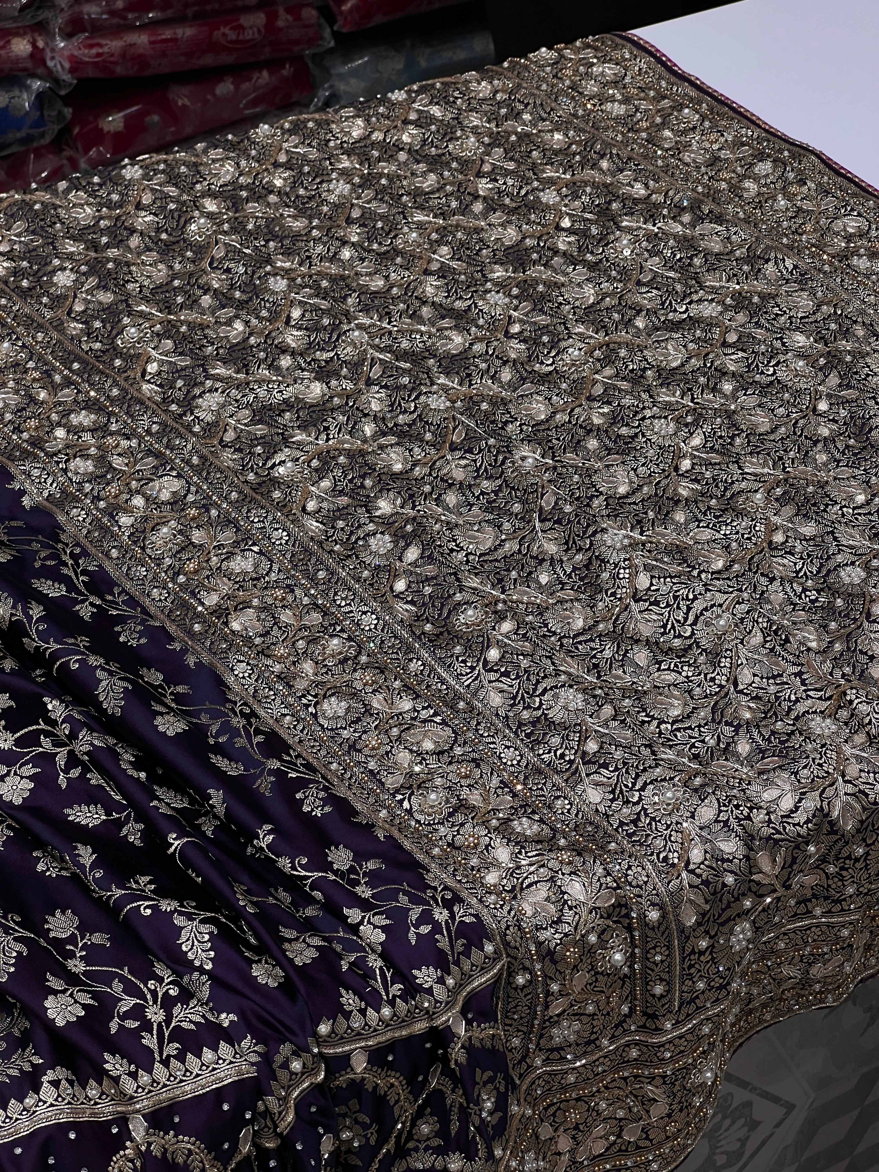 Blueish Purple Dhup Chav Banarasi Hand Embroidery Saree