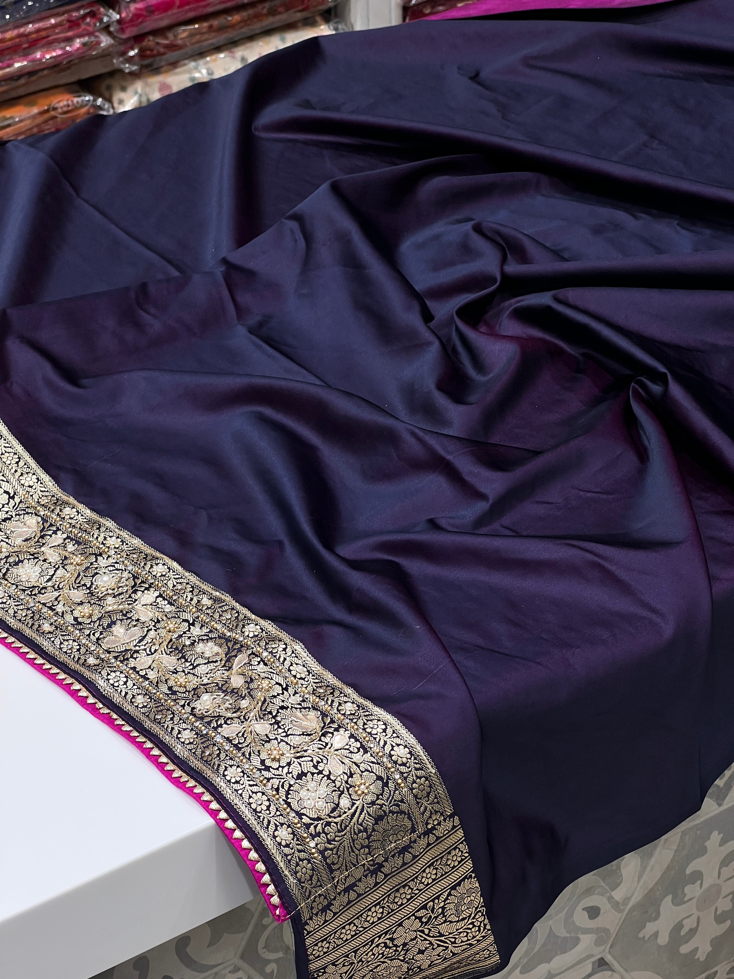 Blueish Purple Dhup Chav Banarasi Hand Embroidery Saree
