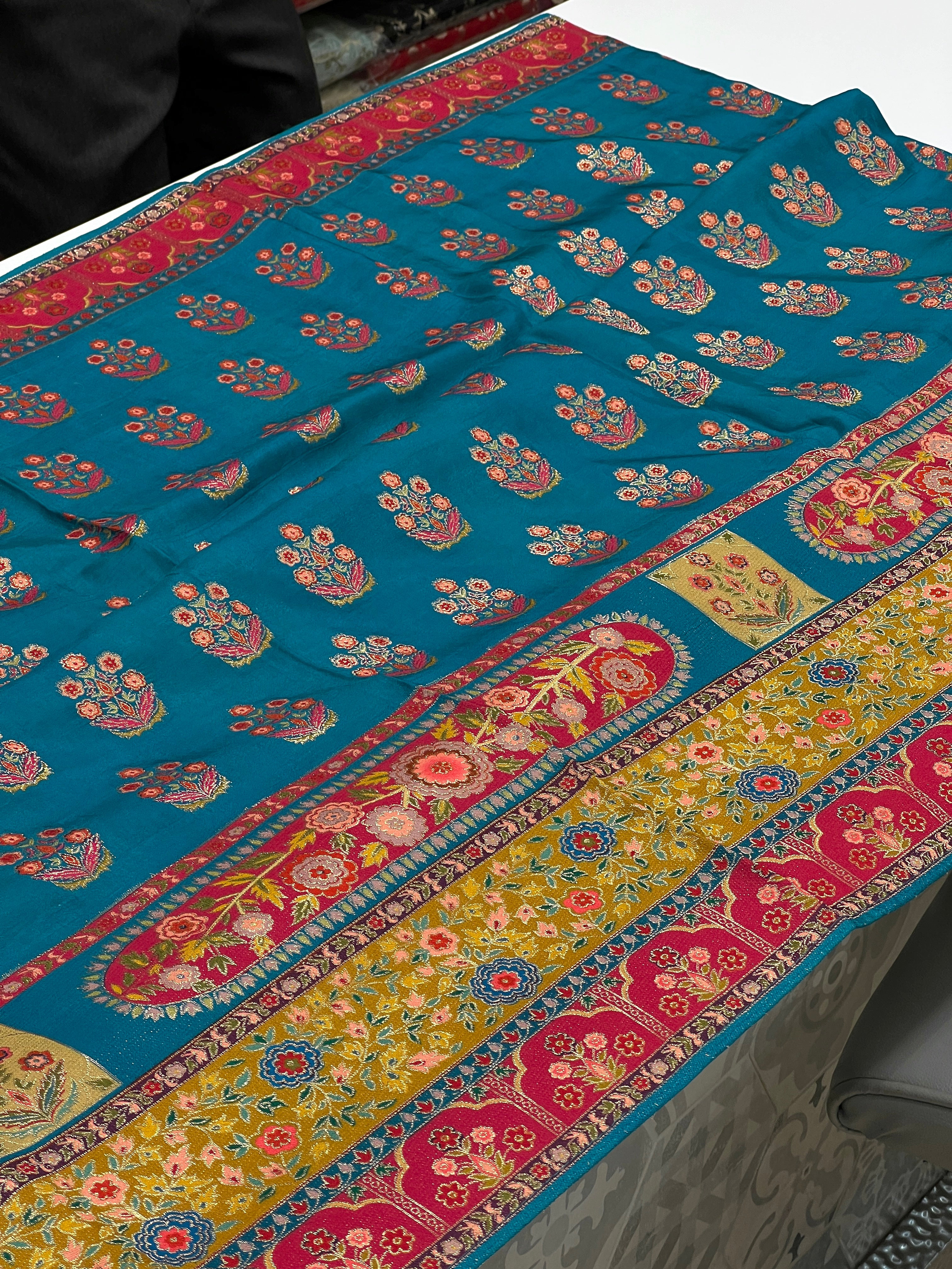 Blue Half n Half Pashmina Style Silk Saree