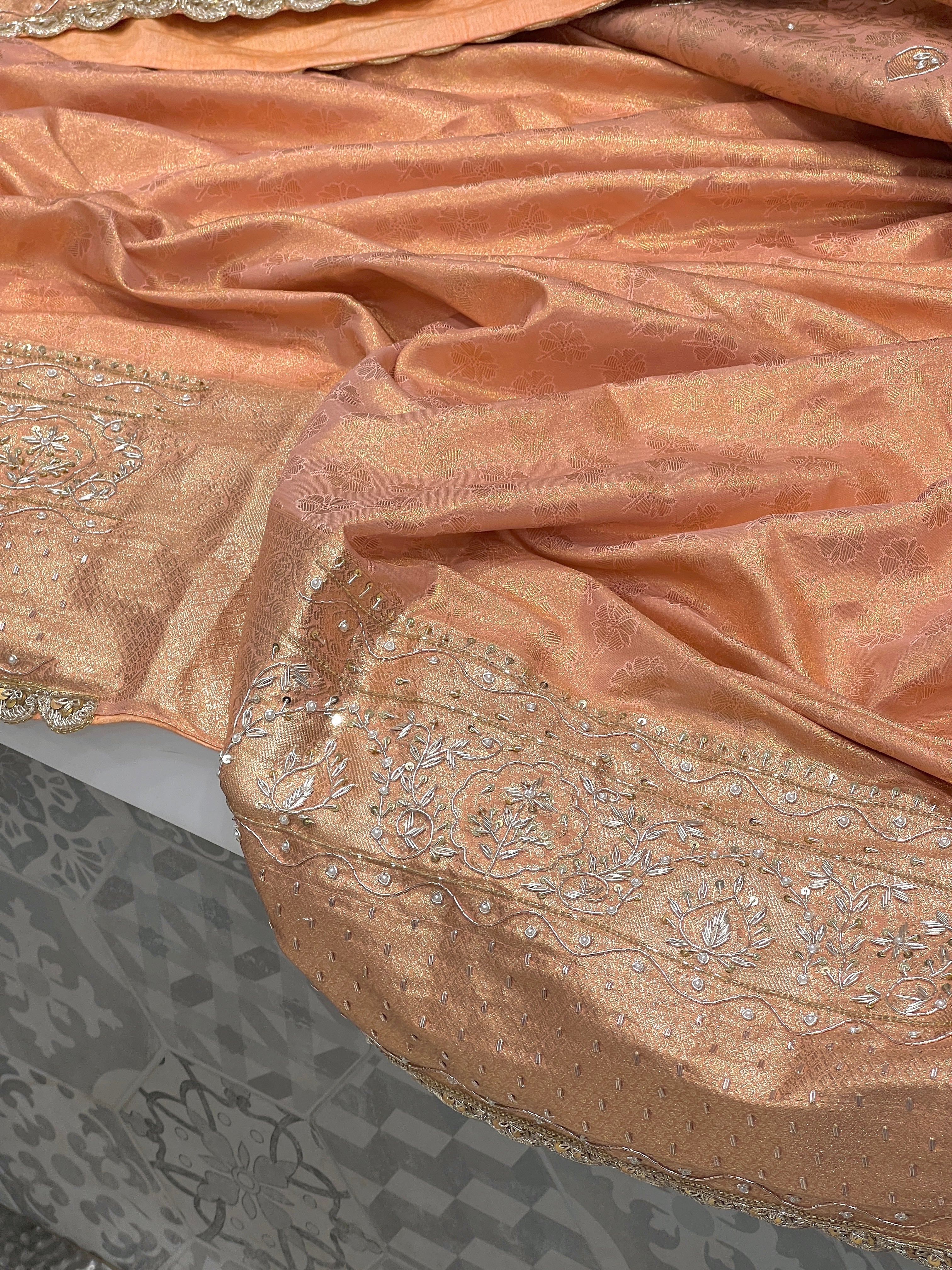 Peach Kanjivaram Style Silk Hand Embroidery Saree