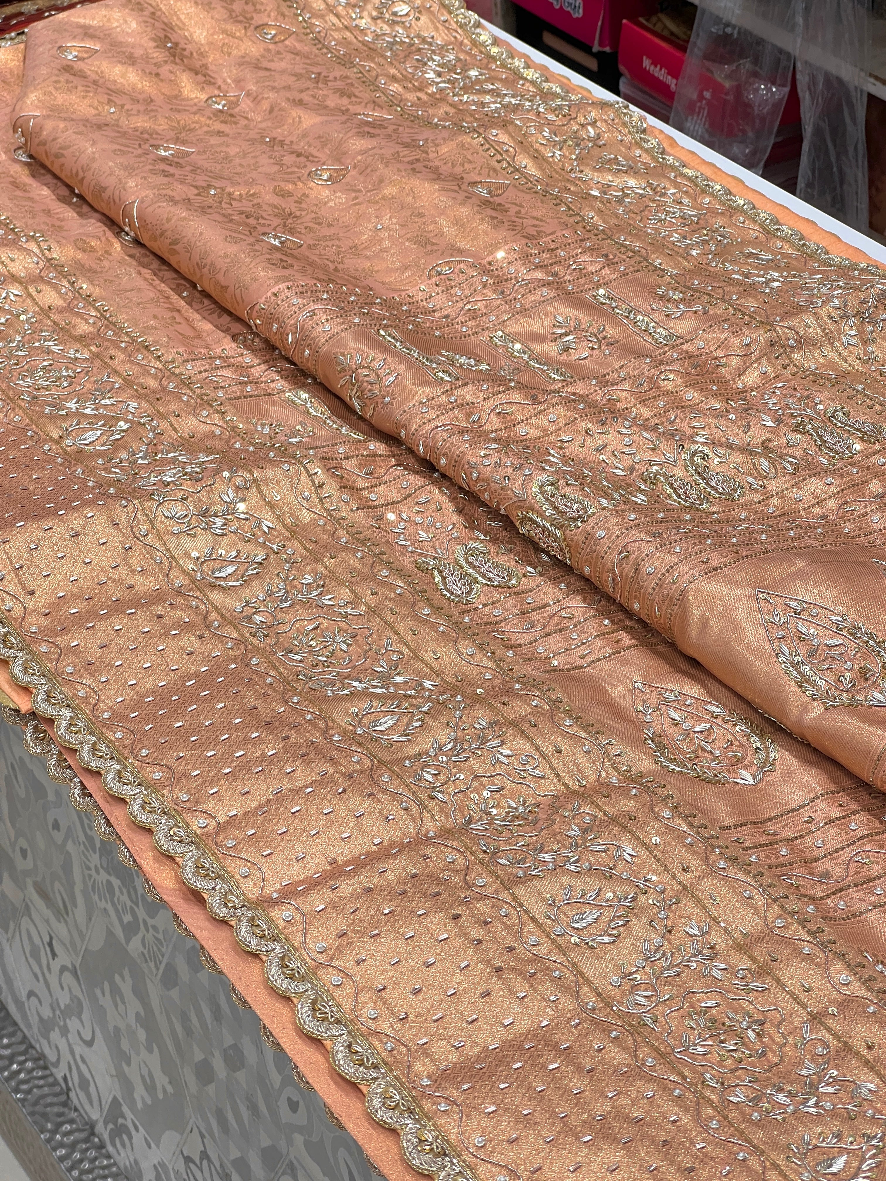 Peach Kanjivaram Style Silk Hand Embroidery Saree