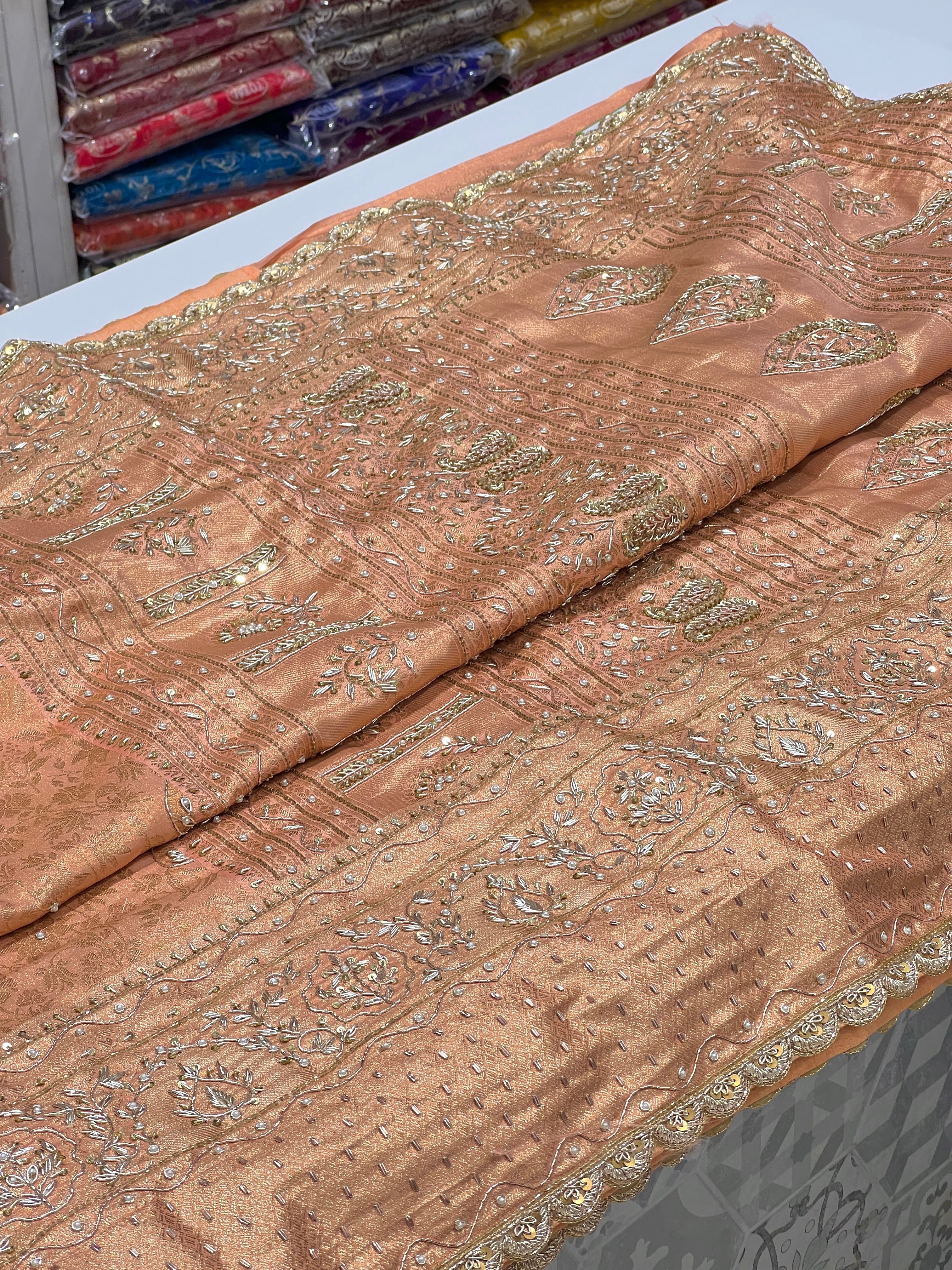 Peach Kanjivaram Style Silk Hand Embroidery Saree