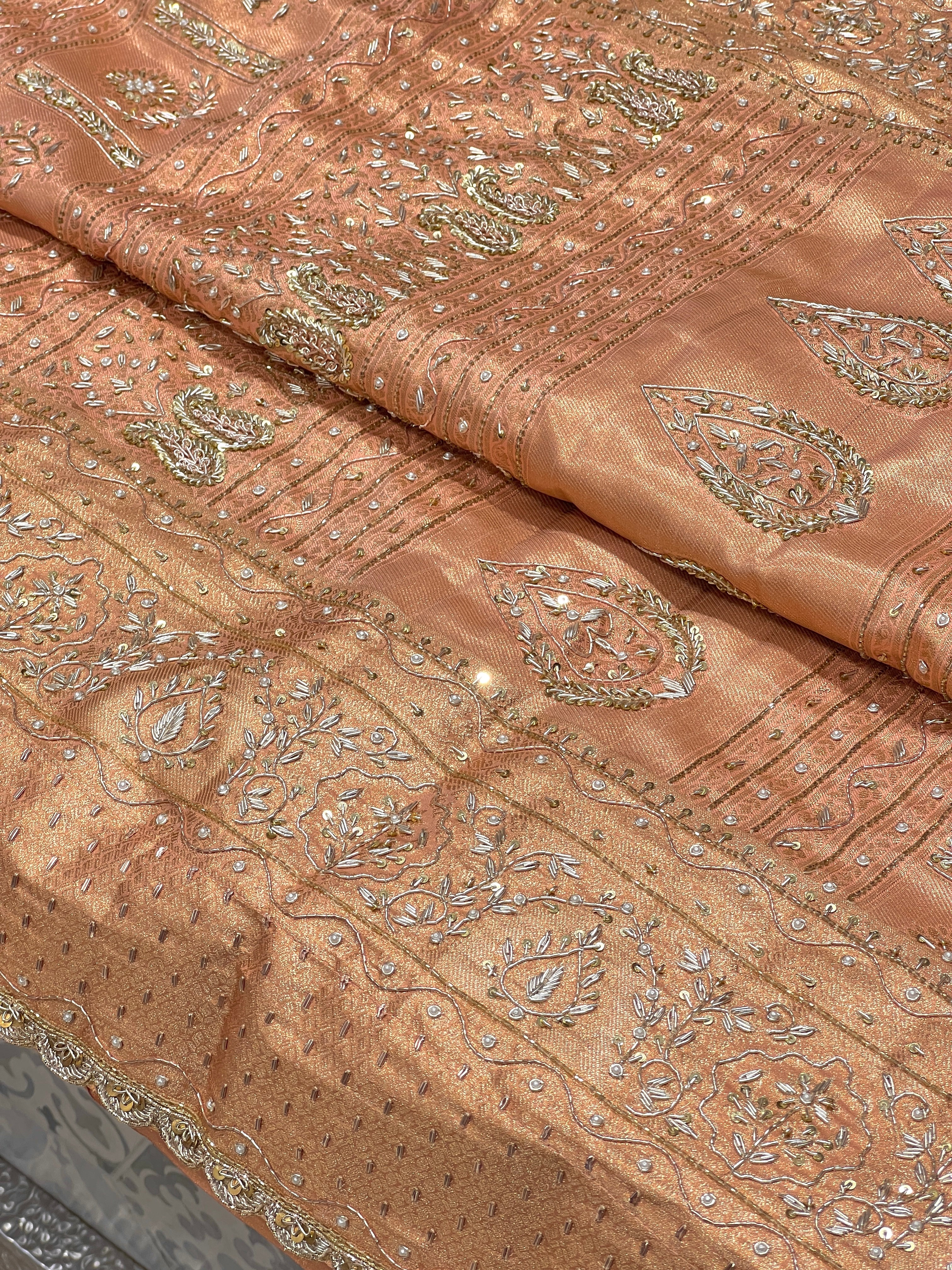 Peach Kanjivaram Style Silk Hand Embroidery Saree