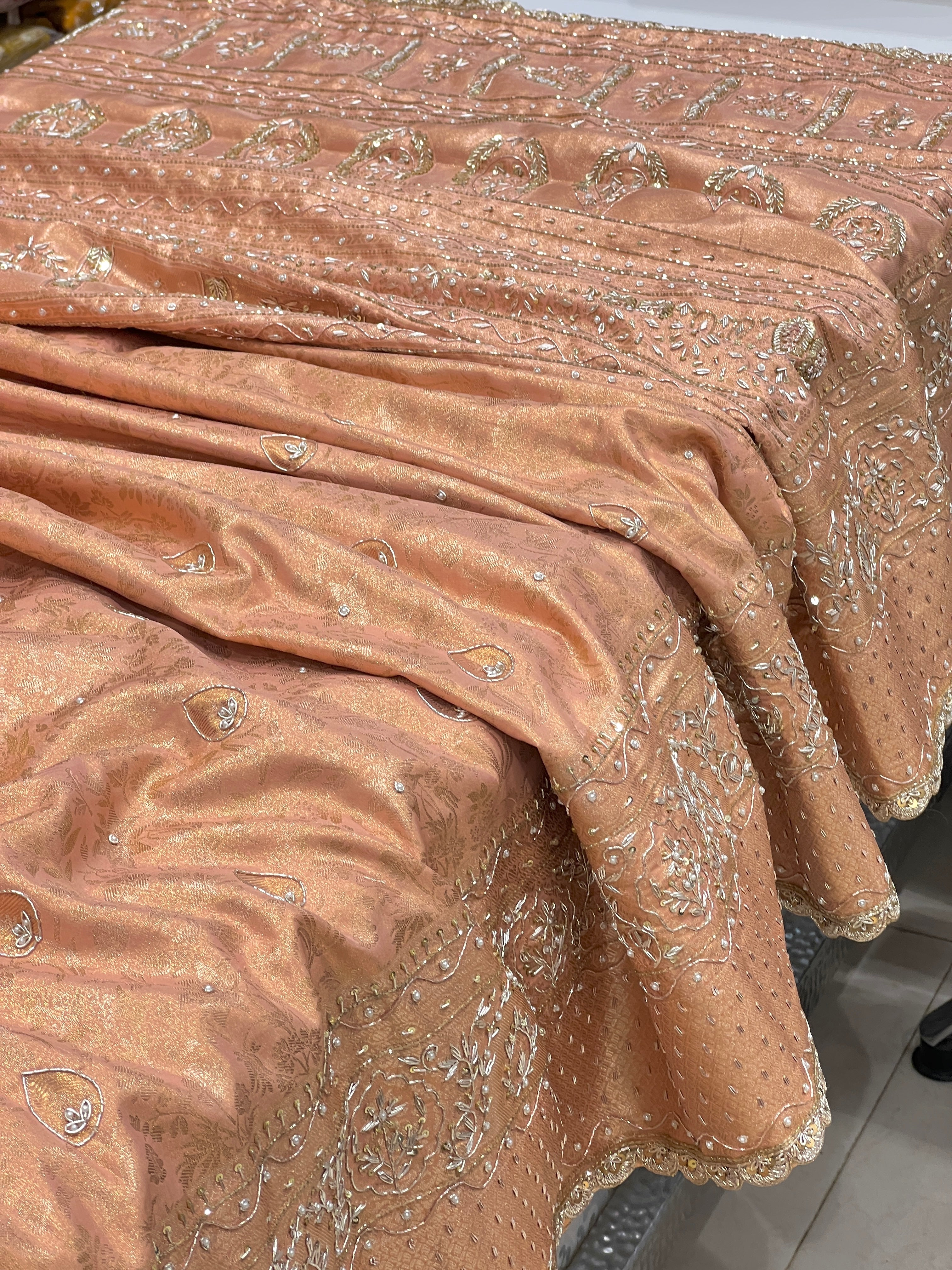 Peach Kanjivaram Style Silk Hand Embroidery Saree