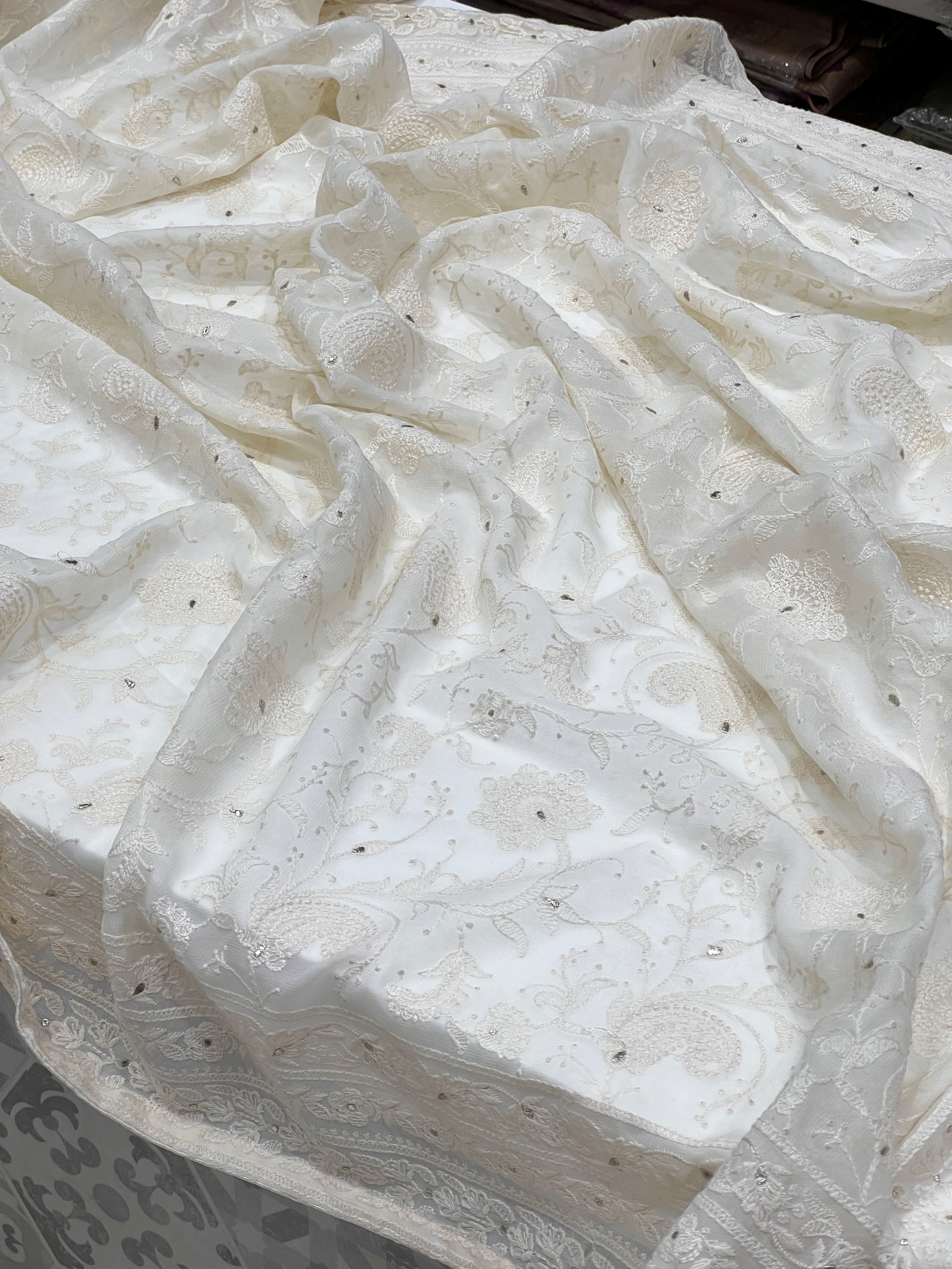 White Chikankari Jaal Badla Work Saree