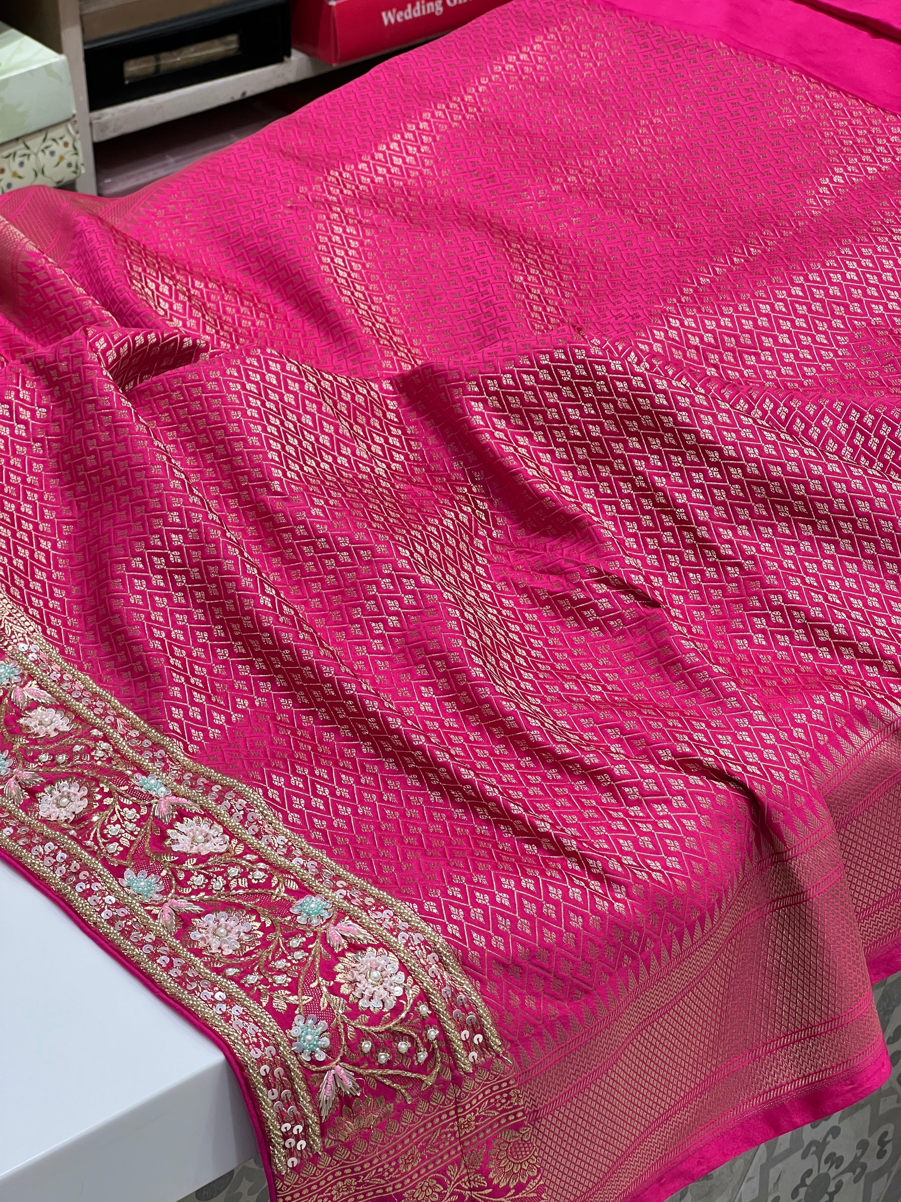 Rani Banarasi Upside Down Border Fancy Hand Embroidery Saree