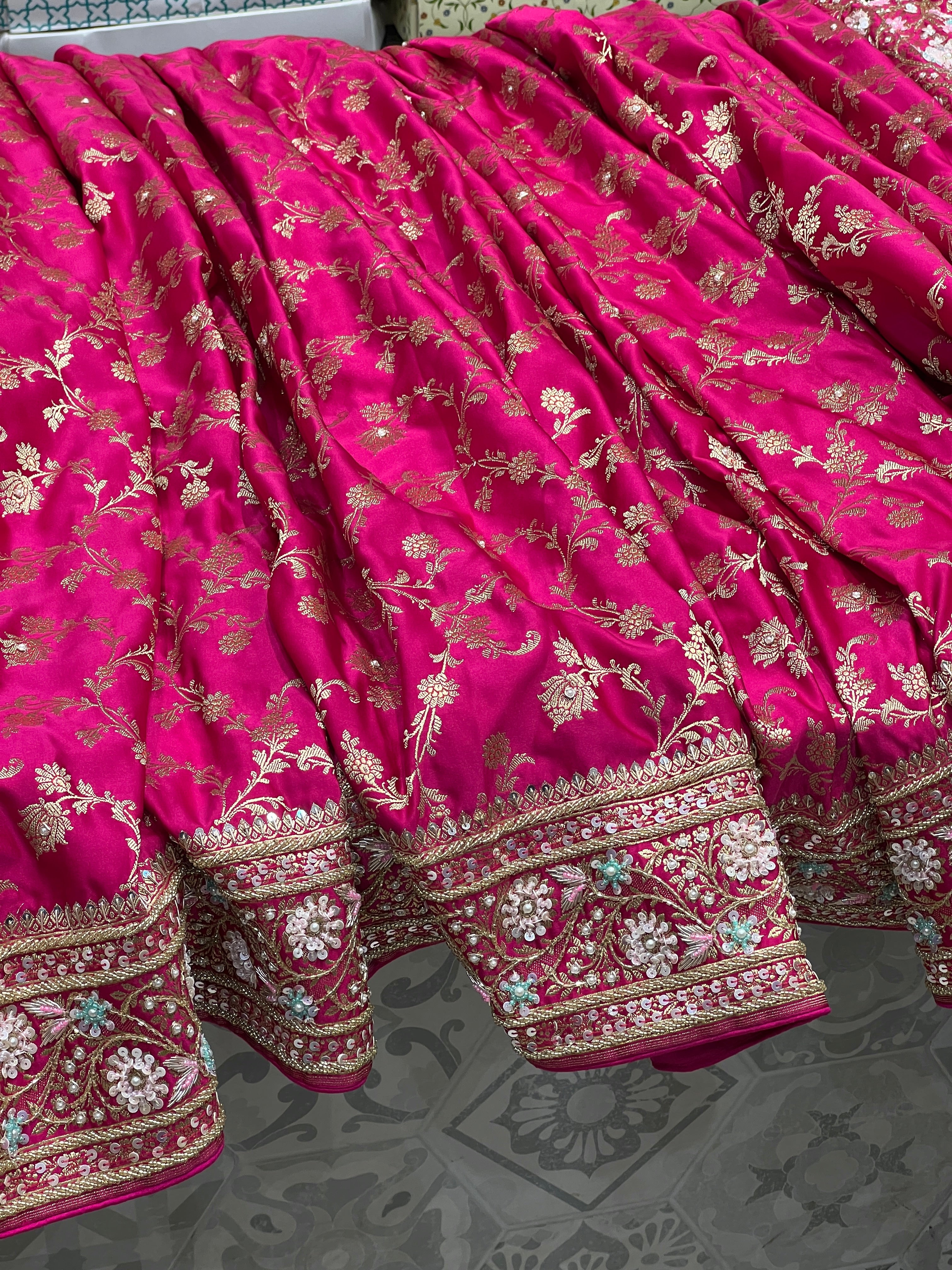 Rani Banarasi Upside Down Border Fancy Hand Embroidery Saree
