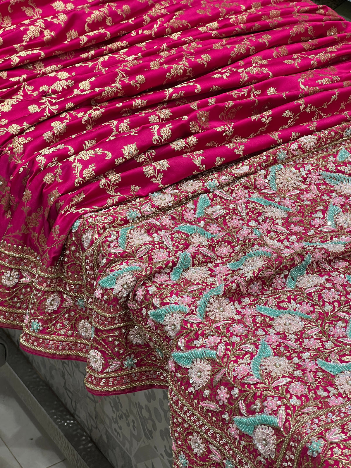 Rani Banarasi Upside Down Border Fancy Hand Embroidery Saree