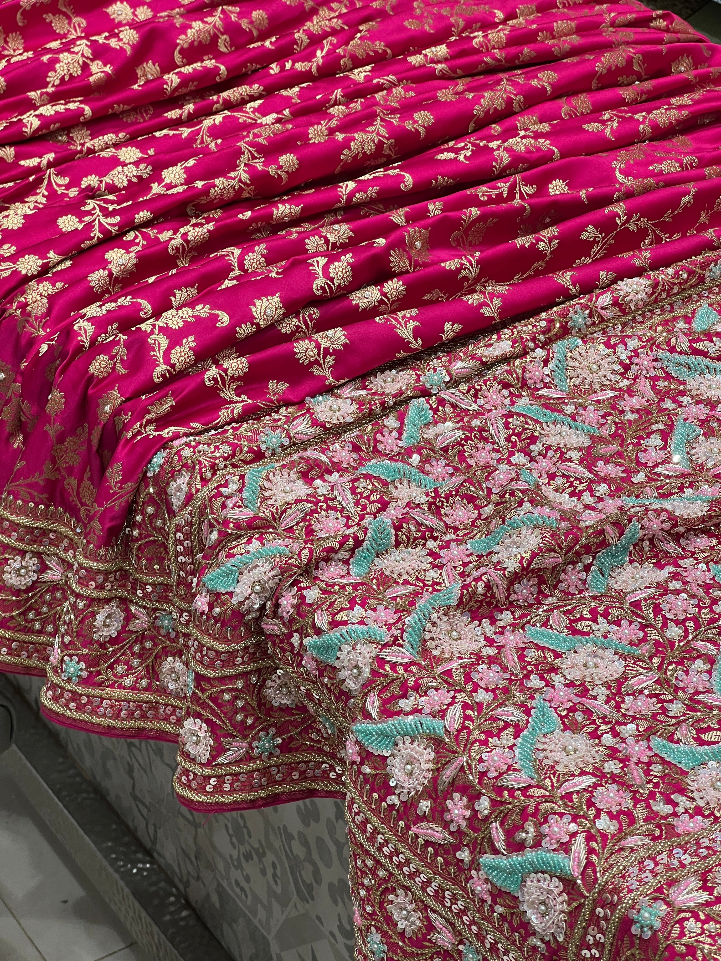 Rani Banarasi Upside Down Border Fancy Hand Embroidery Saree