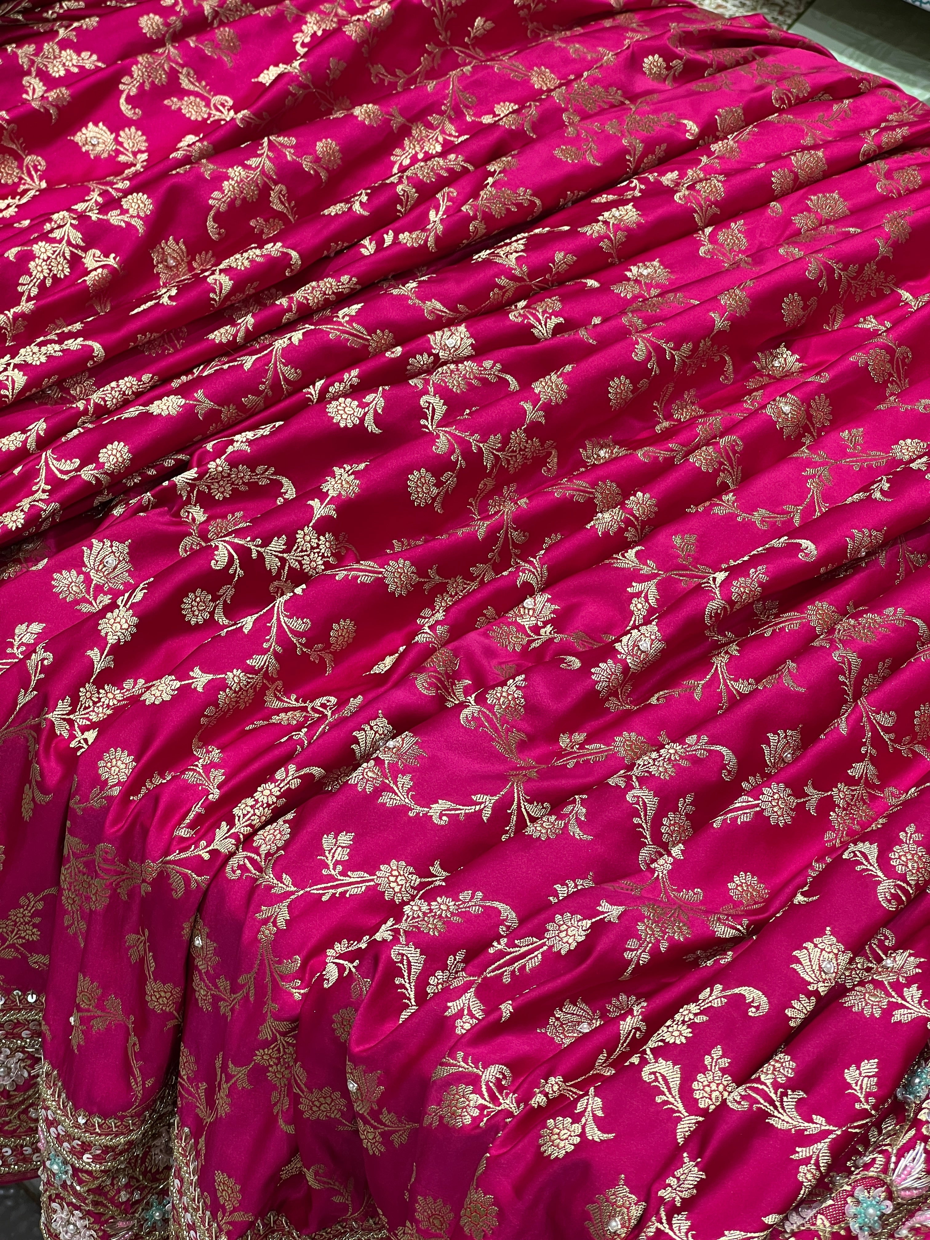 Rani Banarasi Upside Down Border Fancy Hand Embroidery Saree