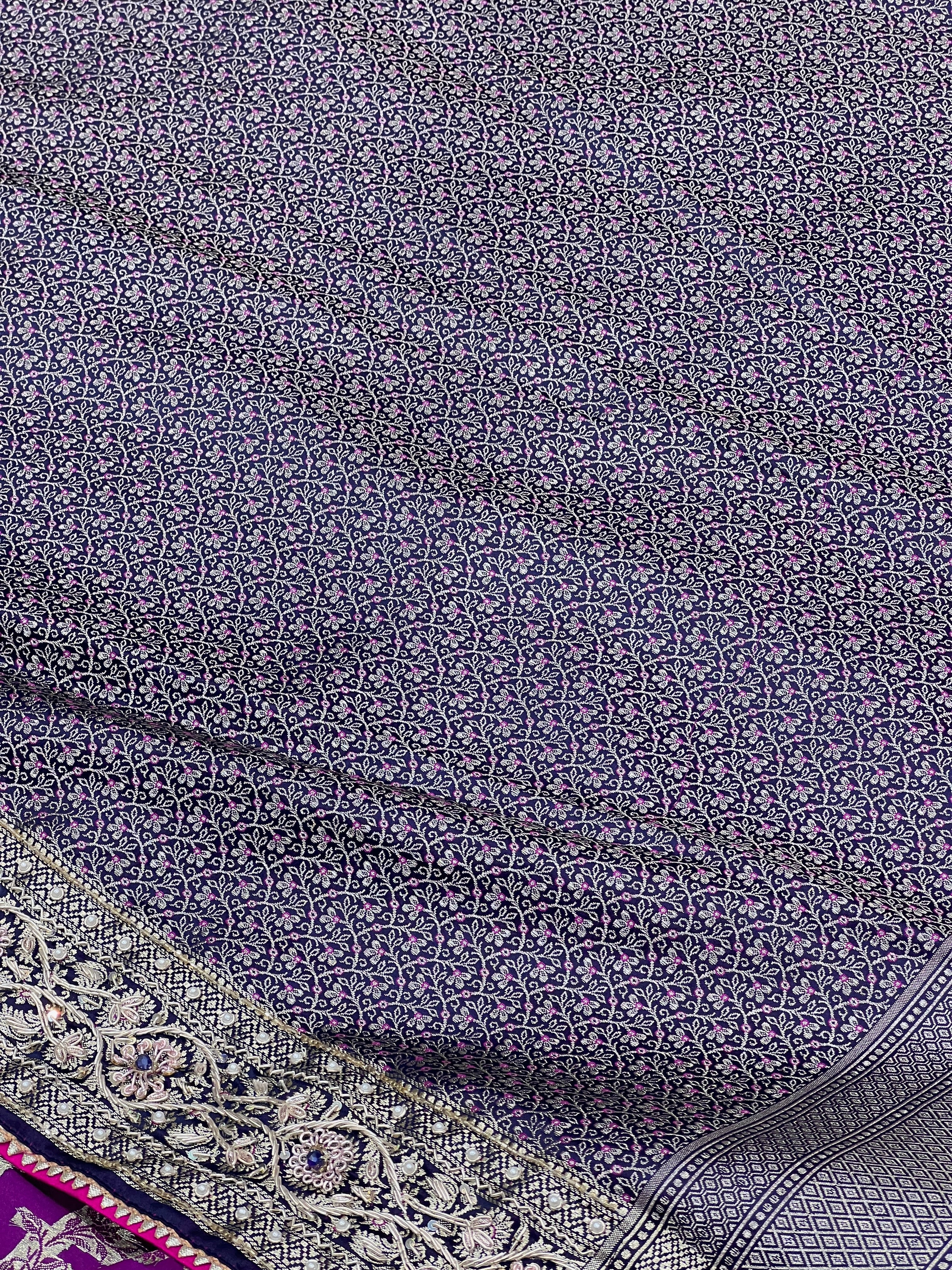 Purple Blue Flower Border Colour Stone Hand Embroidery Saree