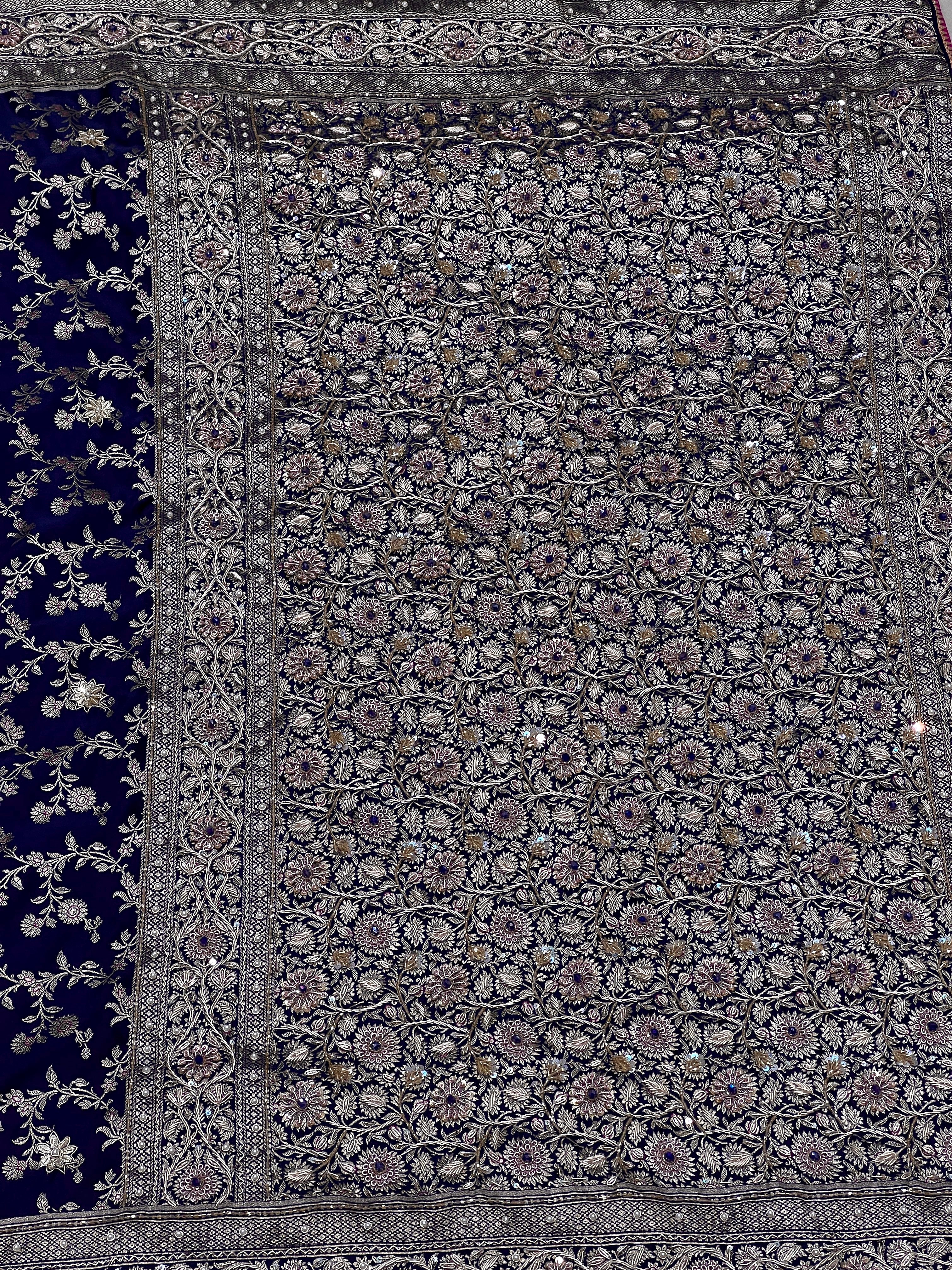 Purple Blue Flower Border Colour Stone Hand Embroidery Saree