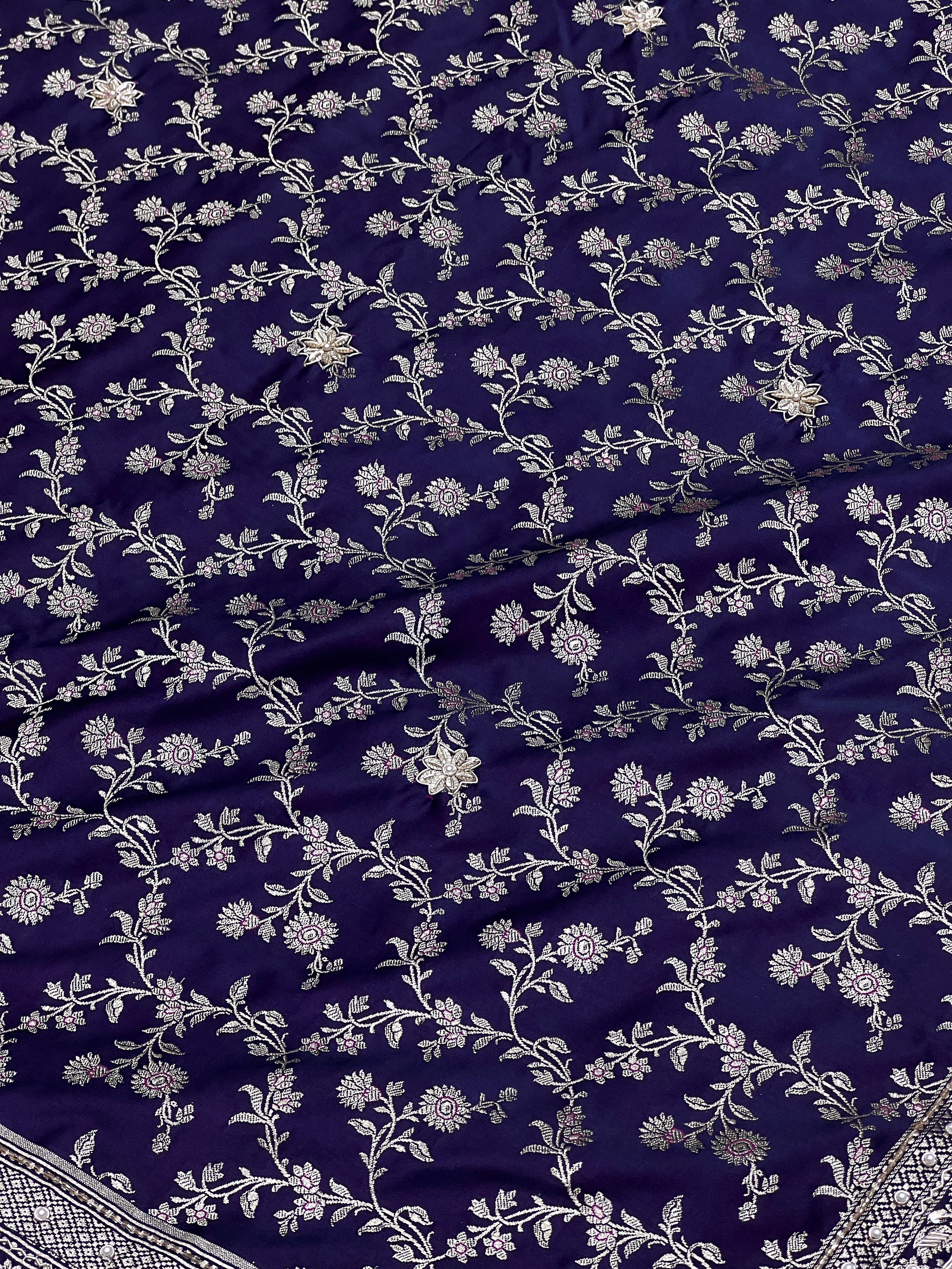 Purple Blue Flower Border Colour Stone Hand Embroidery Saree