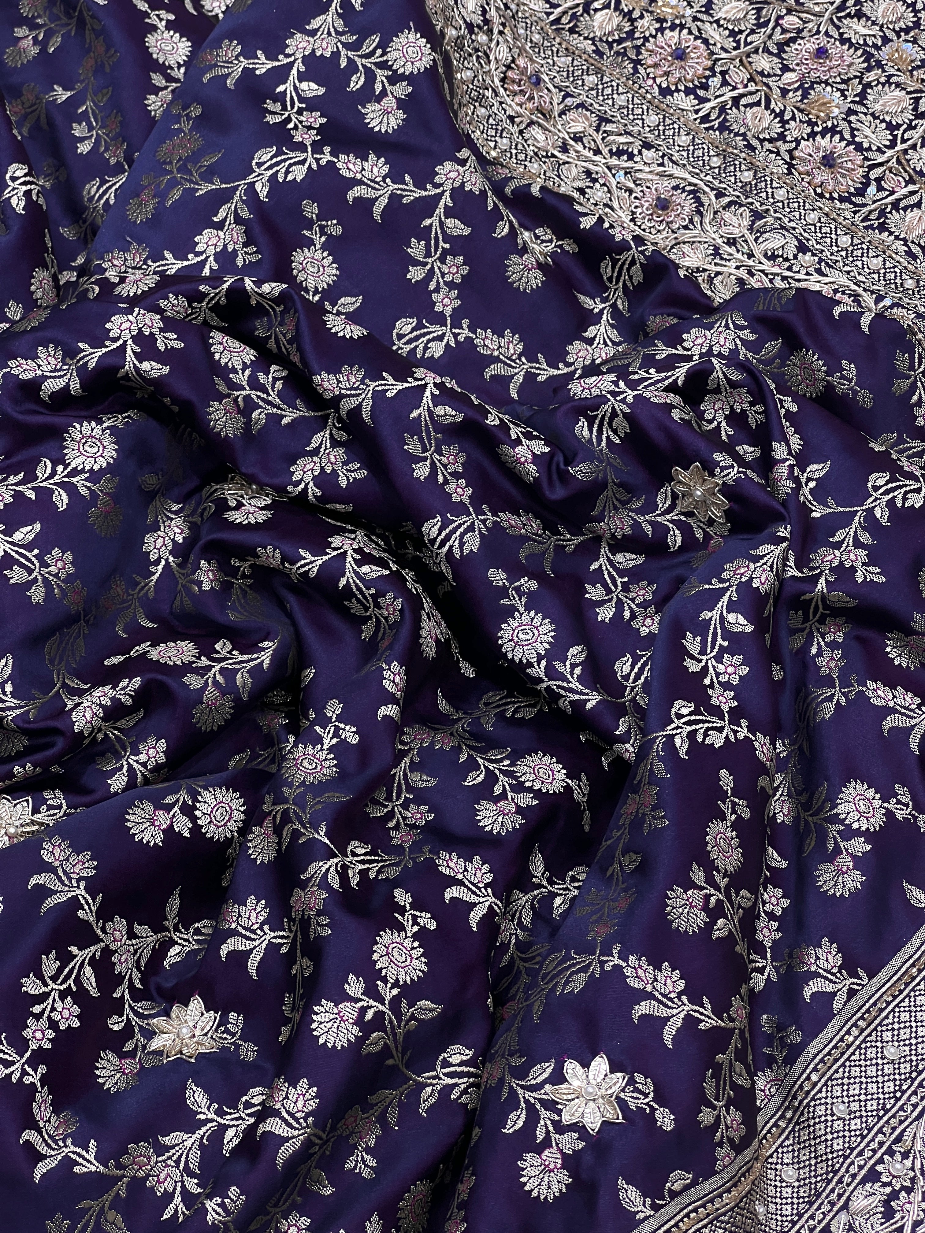 Purple Blue Flower Border Colour Stone Hand Embroidery Saree