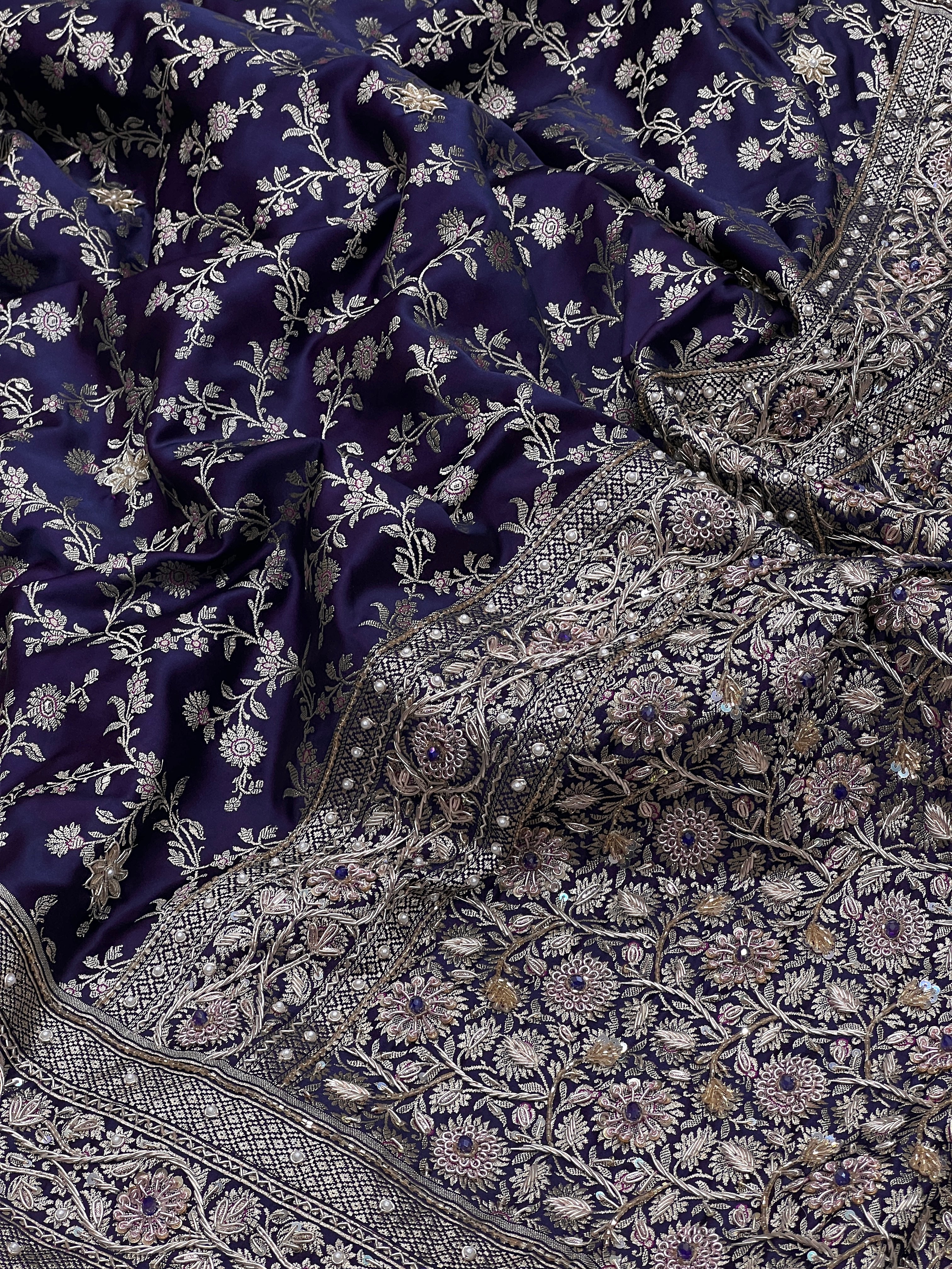 Purple Blue Flower Border Colour Stone Hand Embroidery Saree