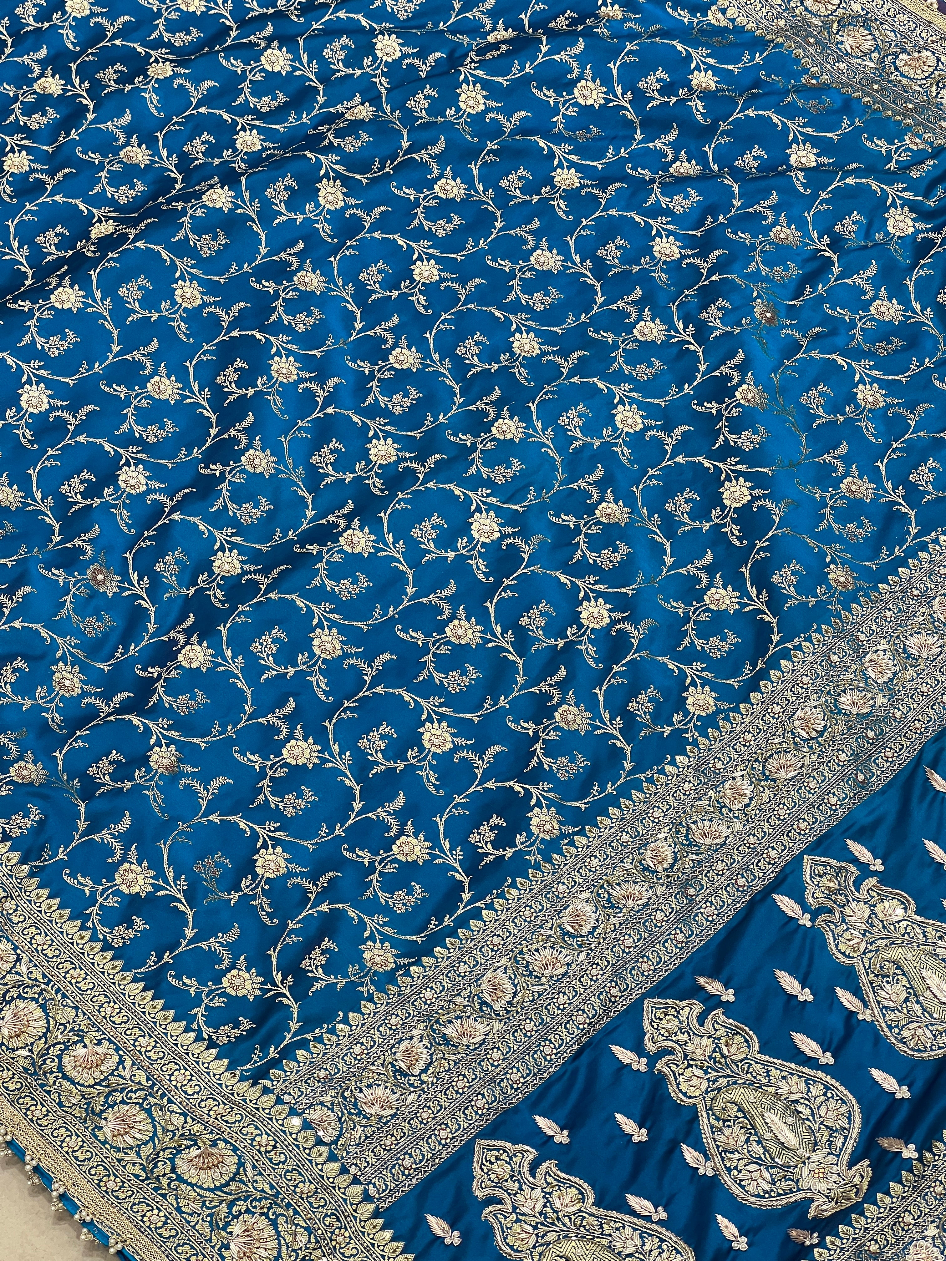 Blue Banarasi Rose Jaal Hand Embroidery Saree