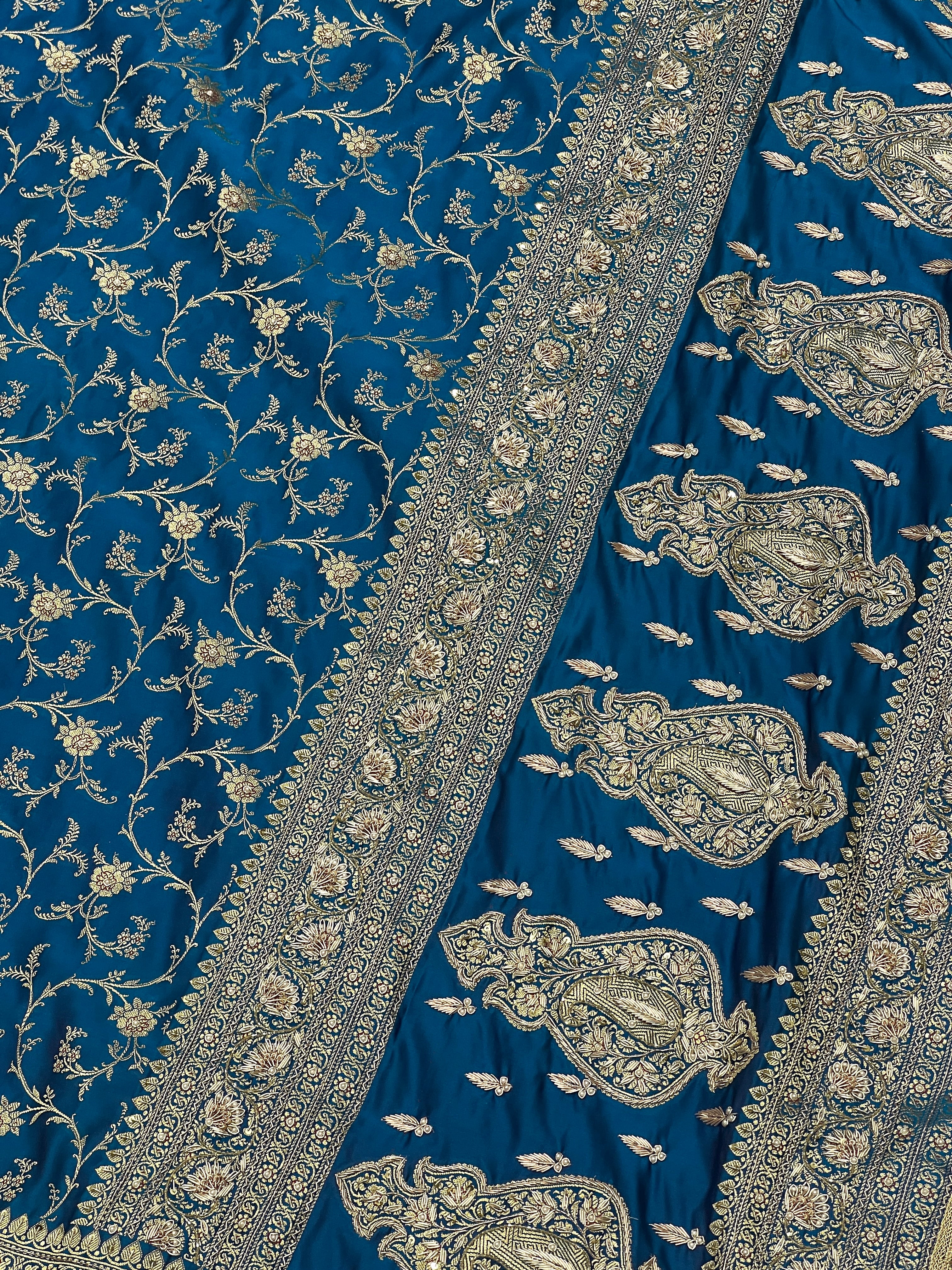 Blue Banarasi Rose Jaal Hand Embroidery Saree