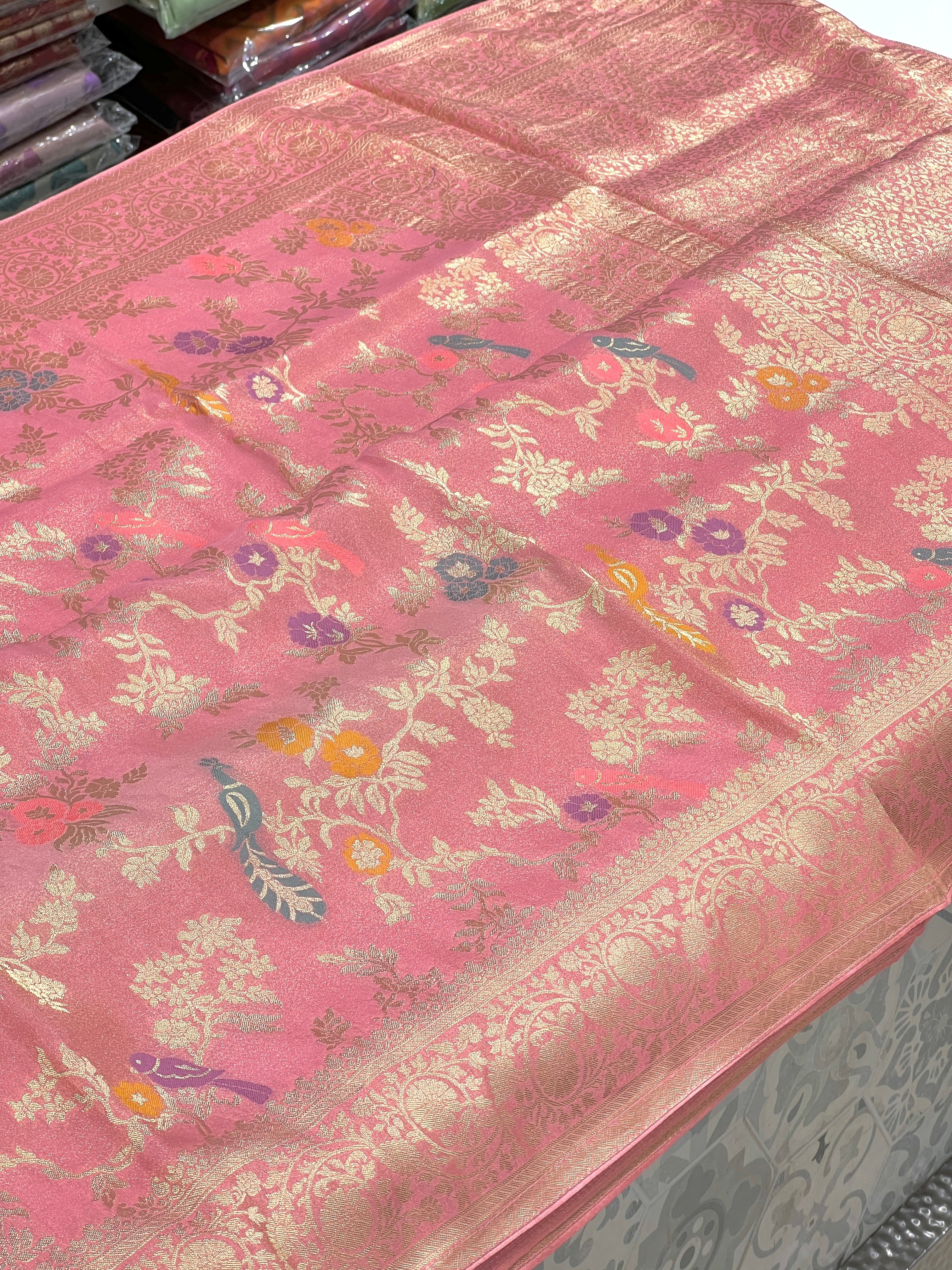 Pink Banarasi Tissue Meenakari Birds  Saree