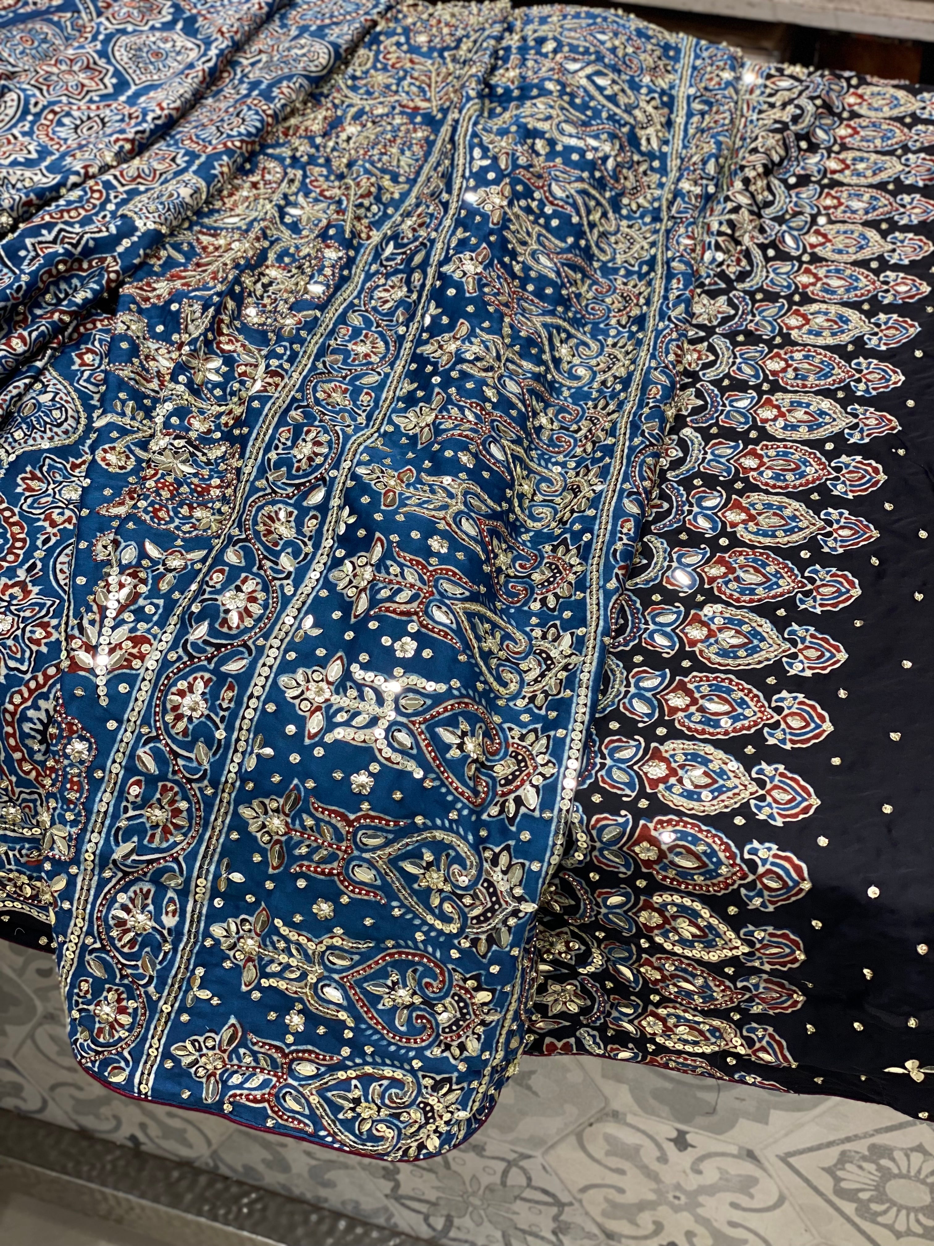Blue Ajrakh Sequins Hand Embroidery Saree