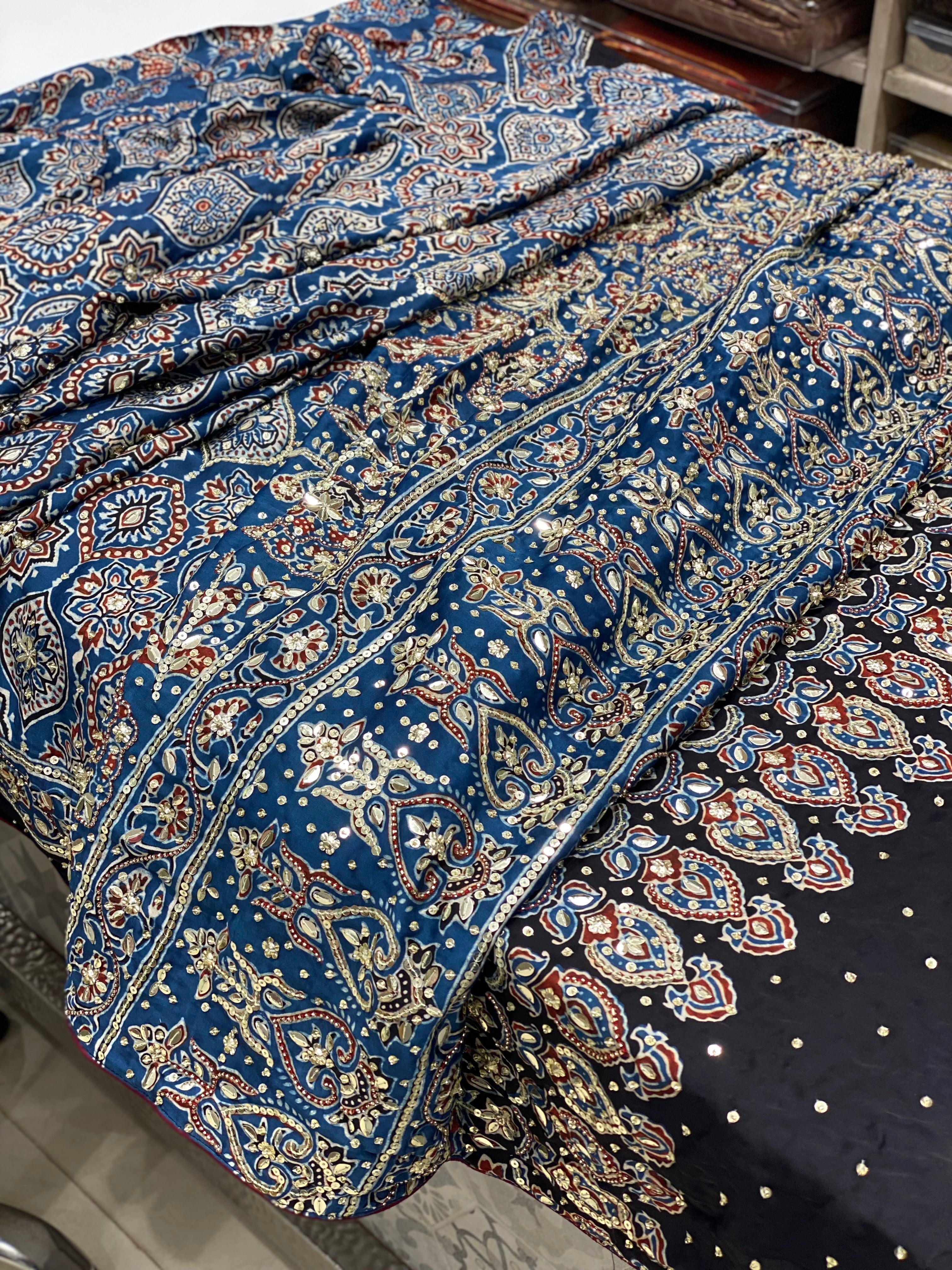 Blue Ajrakh Sequins Hand Embroidery Saree
