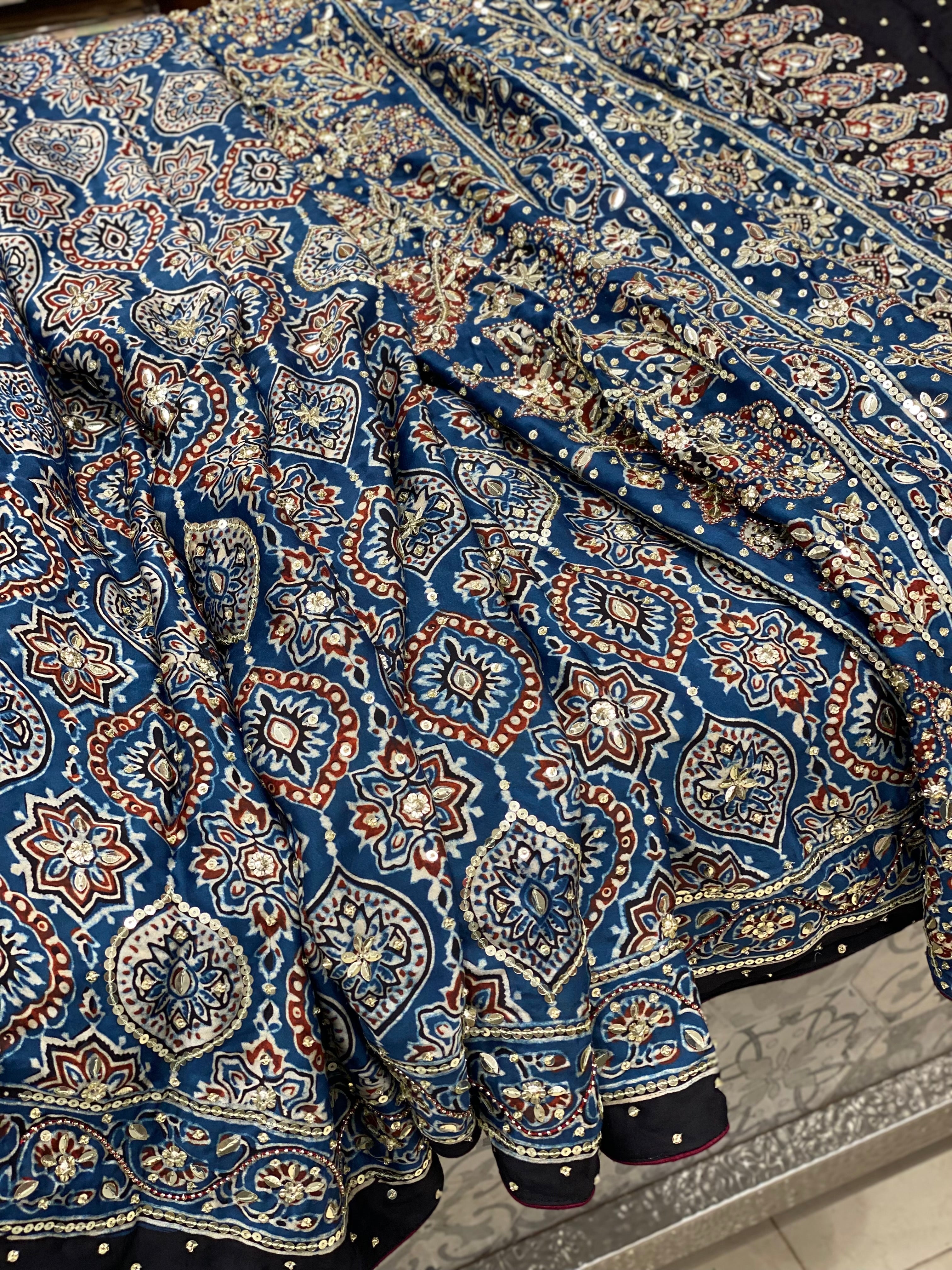 Blue Ajrakh Sequins Hand Embroidery Saree