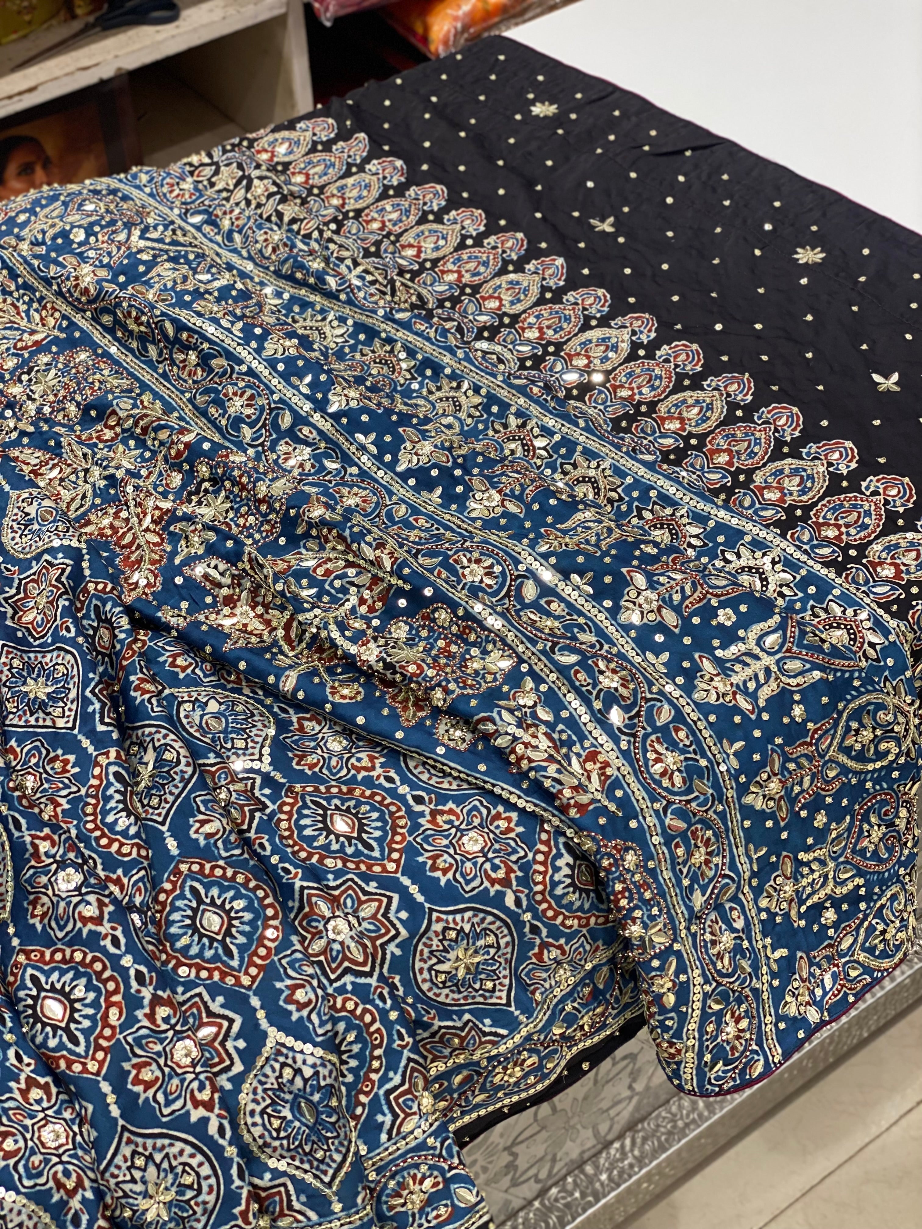 Blue Ajrakh Sequins Hand Embroidery Saree