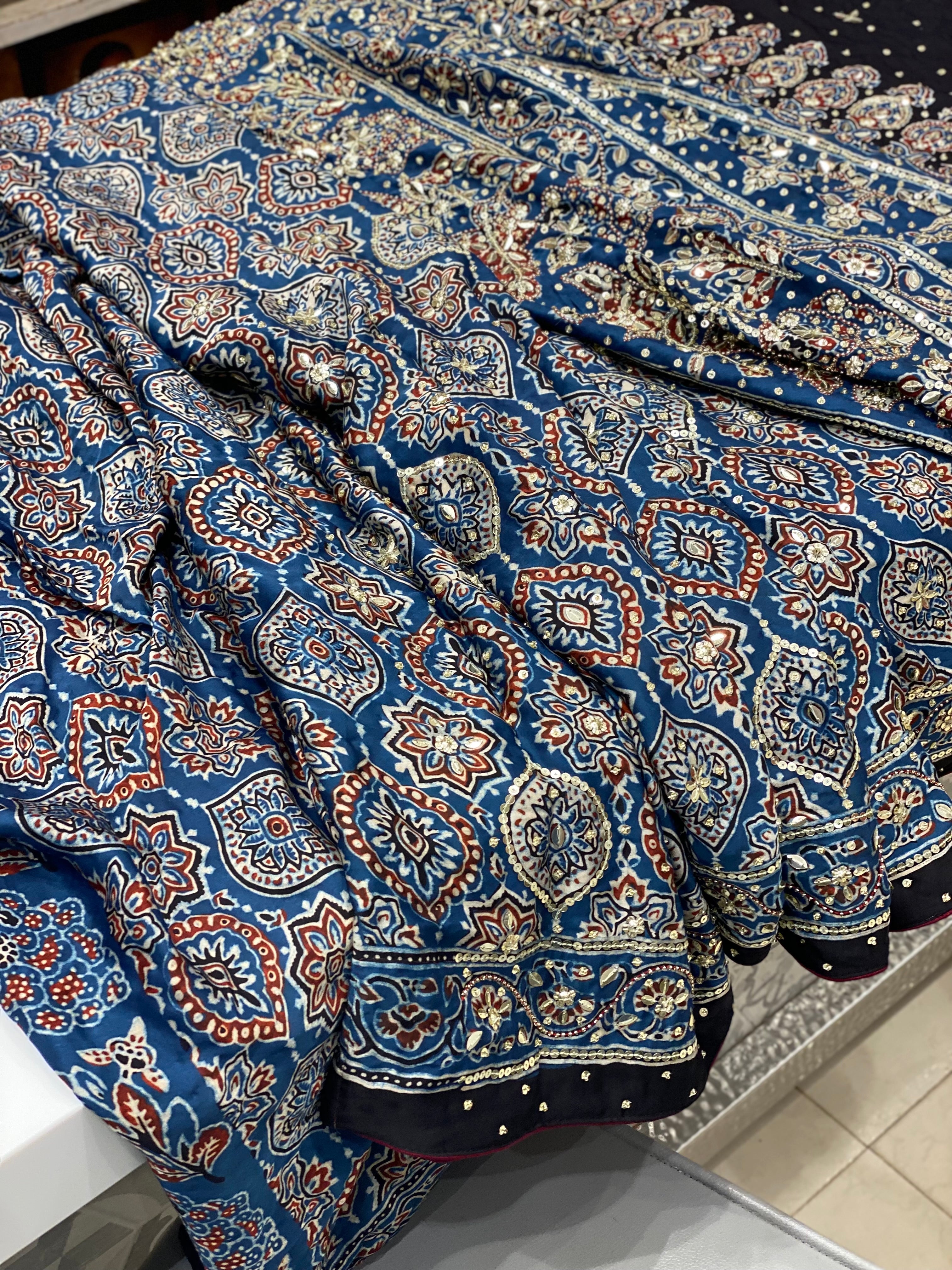 Blue Ajrakh Sequins Hand Embroidery Saree