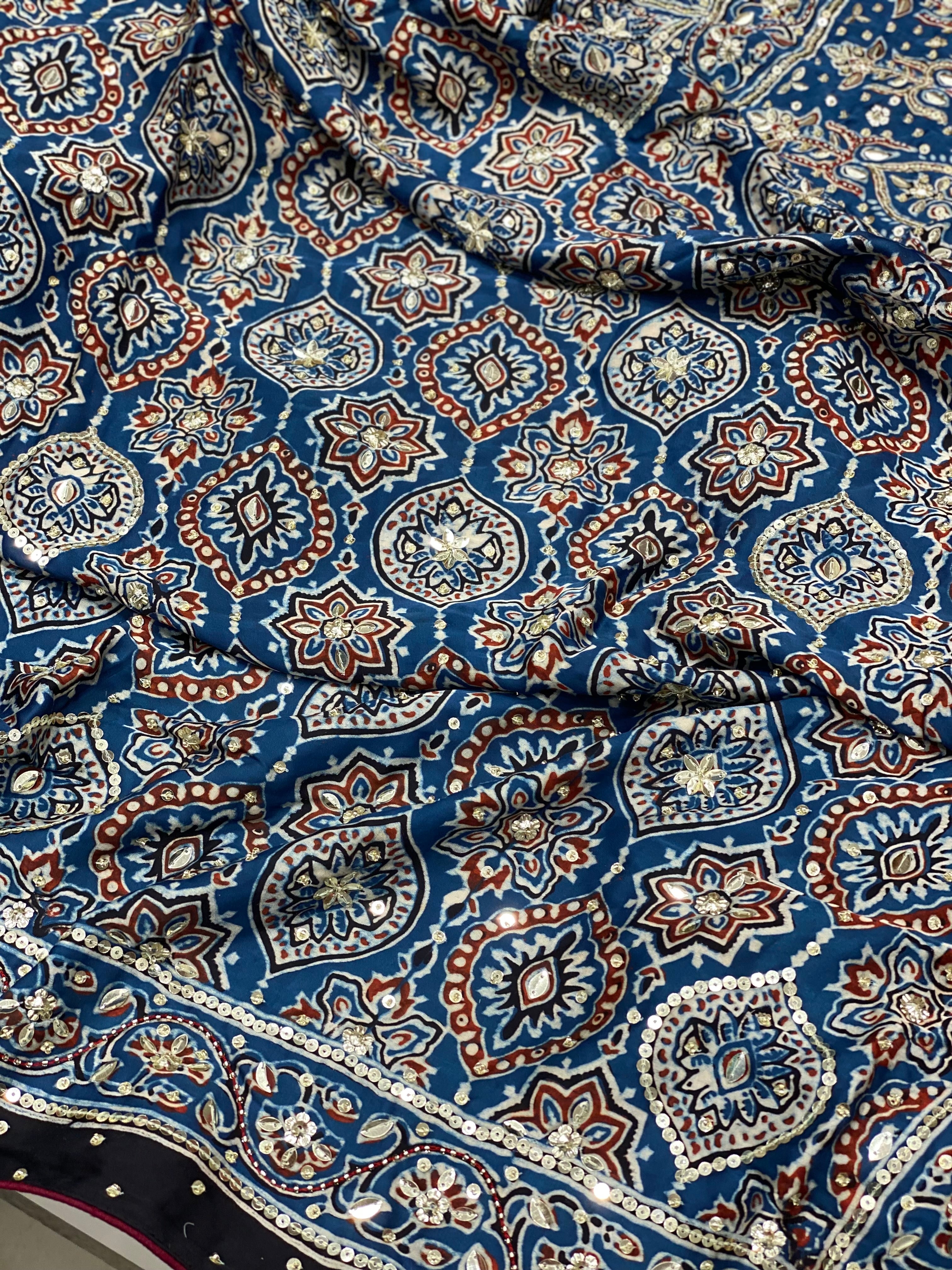 Blue Ajrakh Sequins Hand Embroidery Saree
